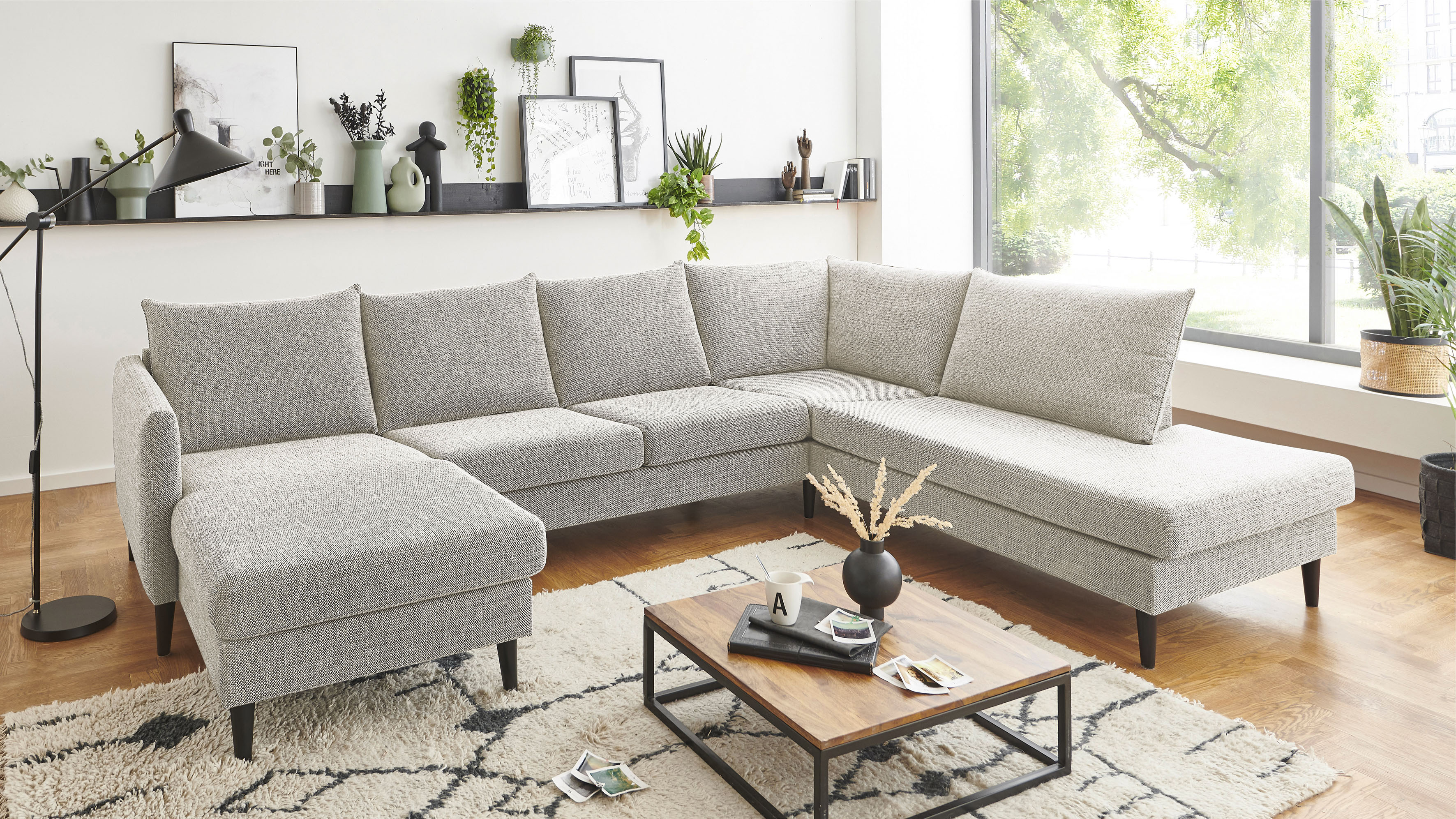 OTTO home Wohnlandschaft "Rekvik U-Form" mit Wellenunterfederung, mit Massivholzfüßen