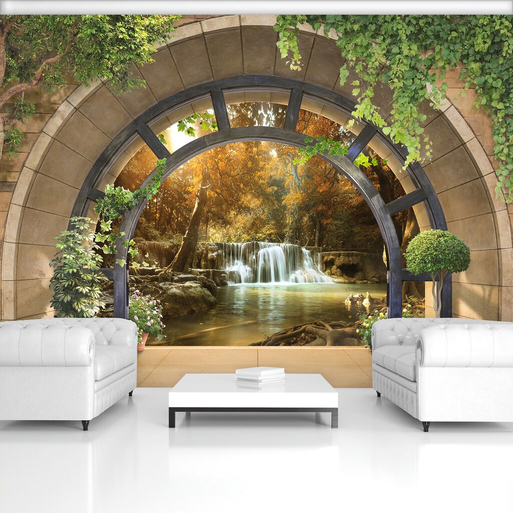 Consalnet Fototapete »3D Wasserfall«, Motiv, Fenster zum Wald, für Wohnzimmer oder Schlafzimmer