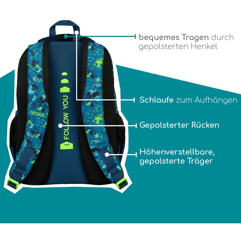 neoxx Schulrucksack »Fly, Petrol Extreme«, Reflektionsnaht