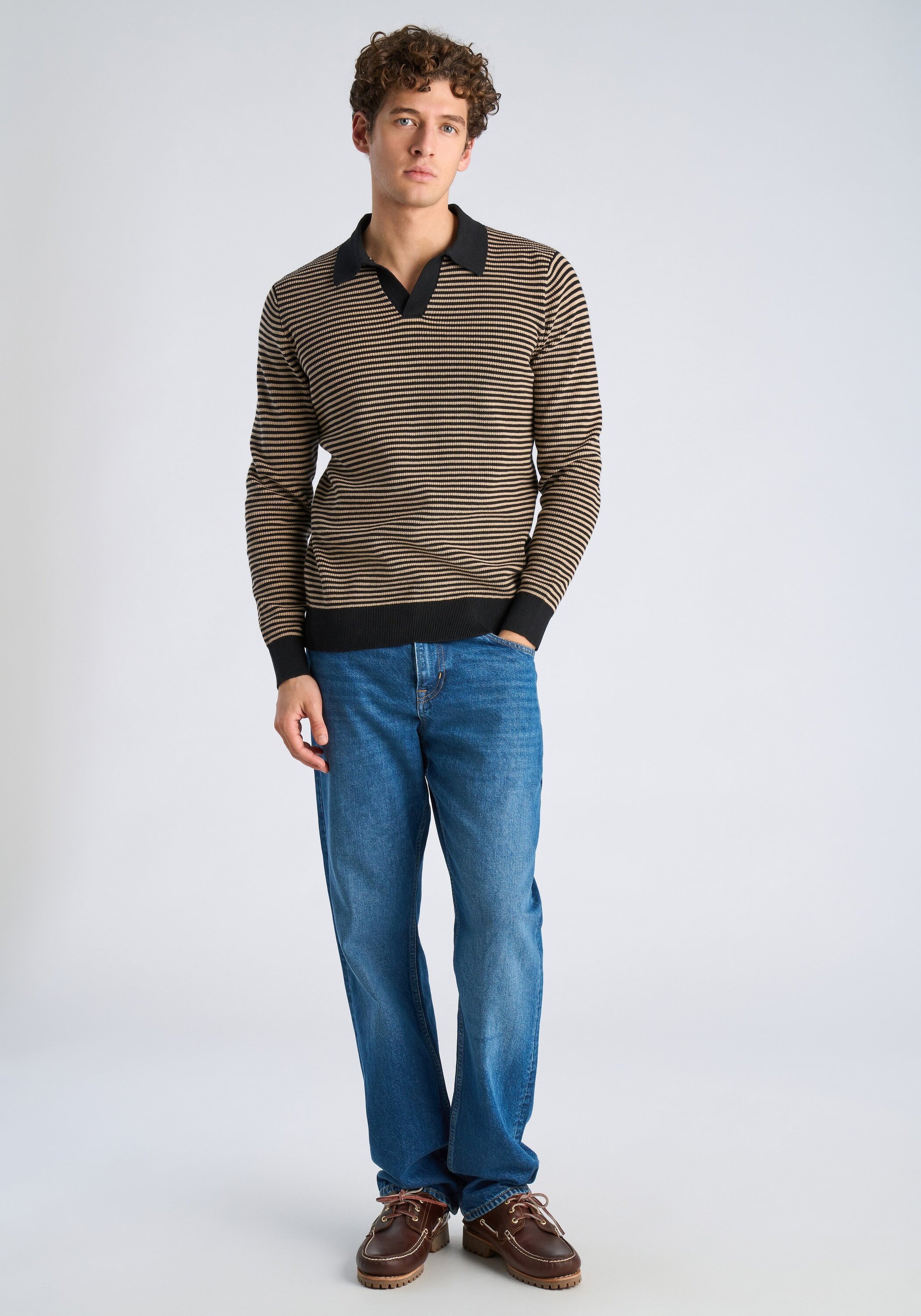 Strickpullover LINDBERGH "Strickpullover Relaxed Fit", Herren, Gr. S, schwarz, Obermaterial: 60% Baumwolle, 40% Polyester, gestreift, V-Ausschnitt, Pullover Strickpullover 3
