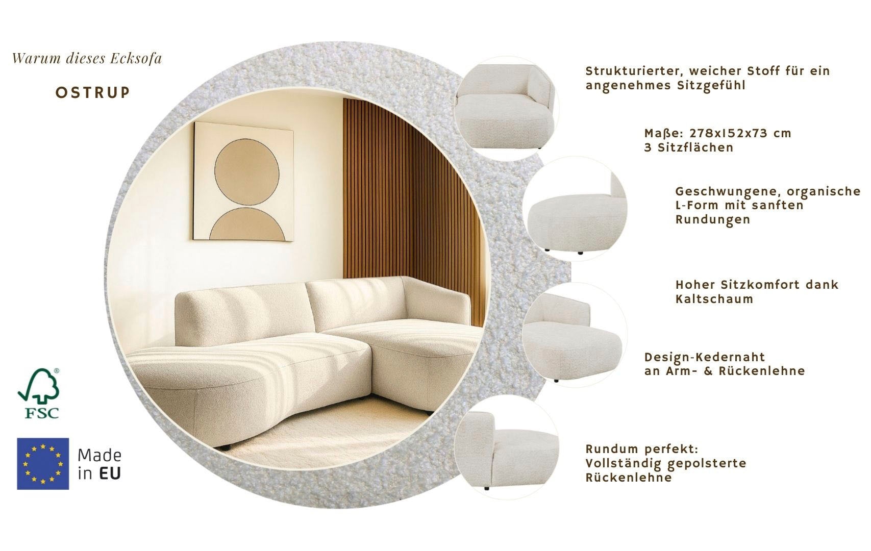 Home affaire Ecksofa »OSTRUP Rundsofa, L-Form, Naturtöne, Boucle oder Chenille« Breite 278 cm, organische Form mit sanften Rundungen