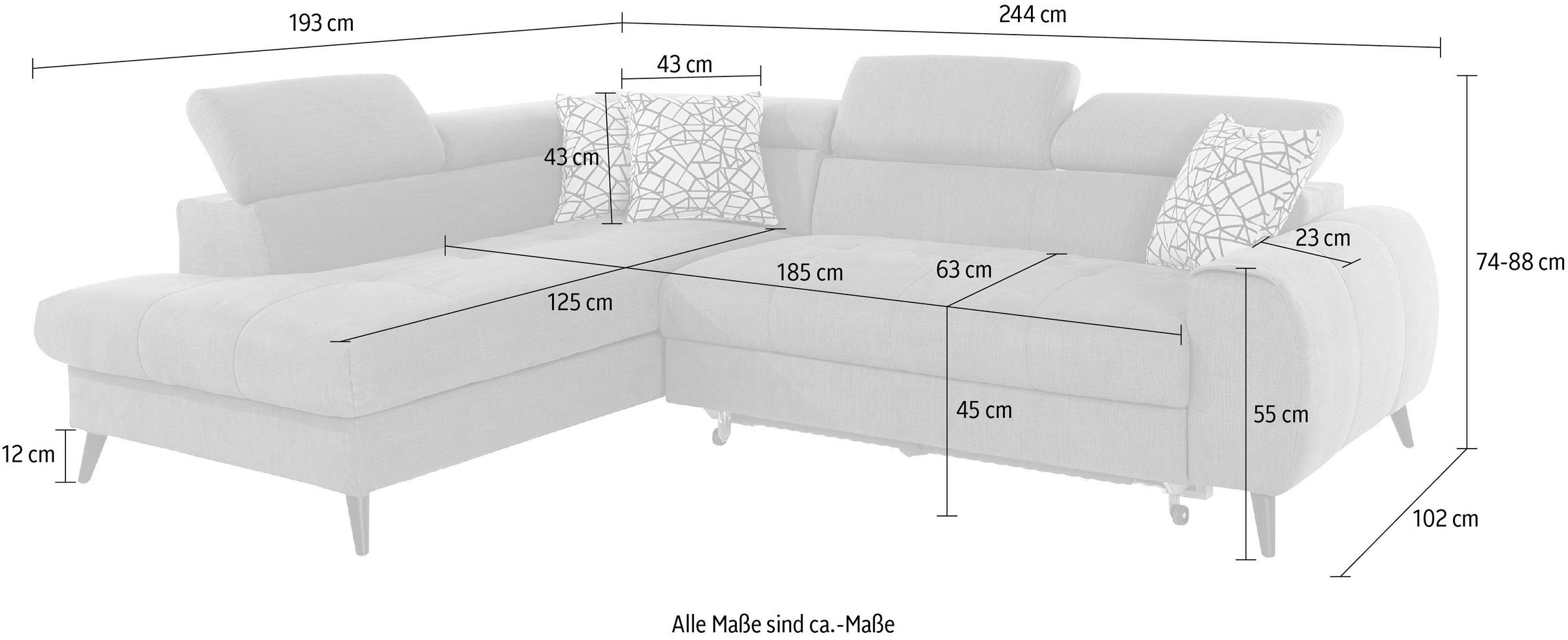 COTTA Ecksofa »Mia L-Form mit 3 Zierkissen«, wahlweise mit Bettfunktion, Bettkasten, Beleuchtung & Wireless-Charger