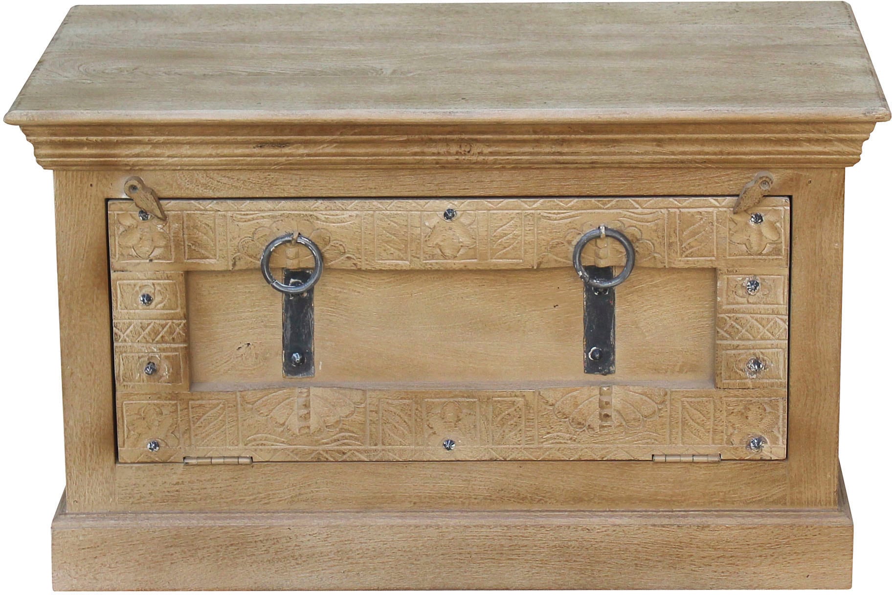 SIT Truhenbank "Berlin aus Mangoholz mit aufwendigen Schnitzereien & Schuhfach" Sitzbank mit integriertem Schuhfach für ca. 6 Paar Schuhe