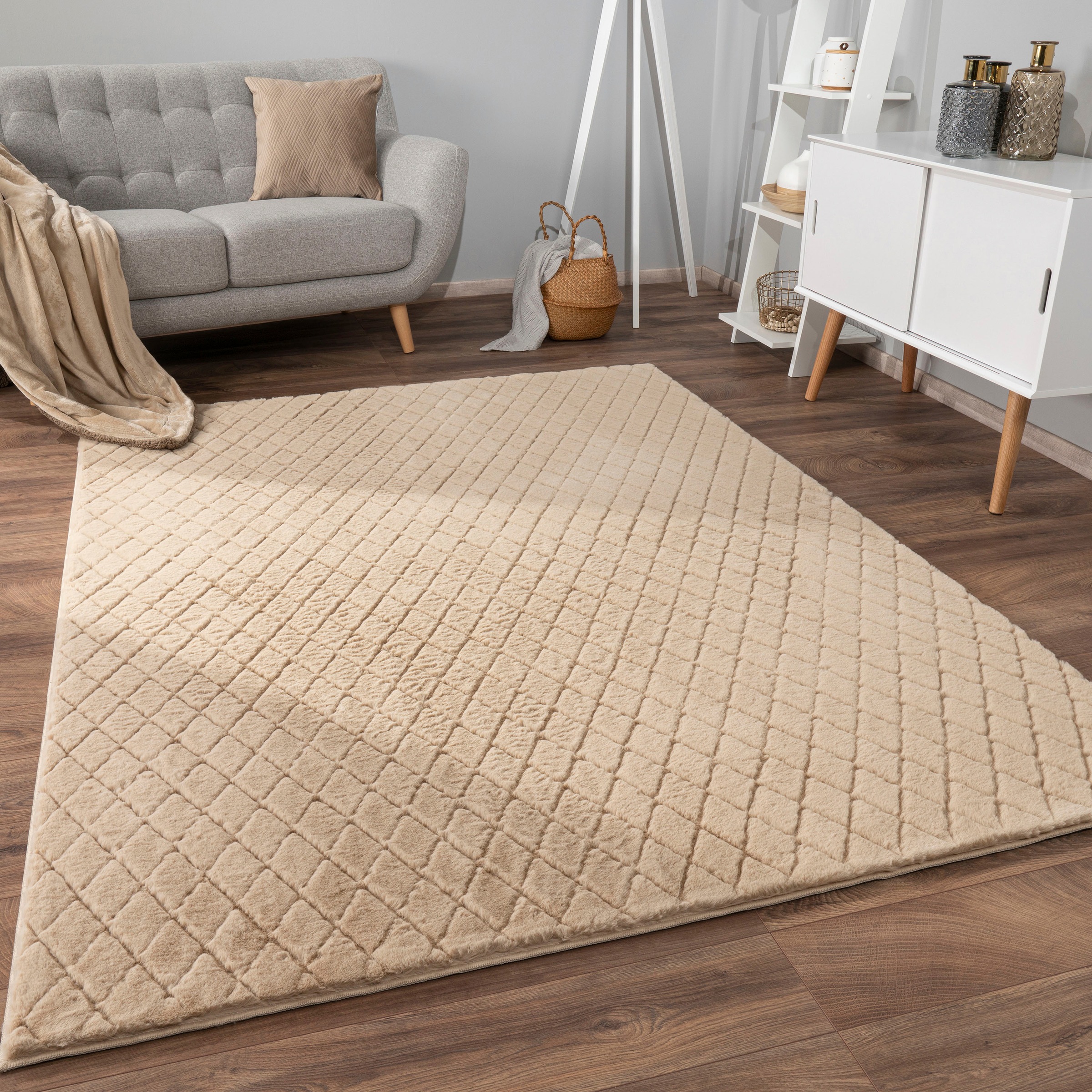 Hochflor-Teppich PACO HOME "Arnheim 742", beige, B:60cm H:26mm L:100cm, Polyester, Teppiche, Uni Farben, Rauten Muster, besonders weich, Hoch-Tief Effekt 3