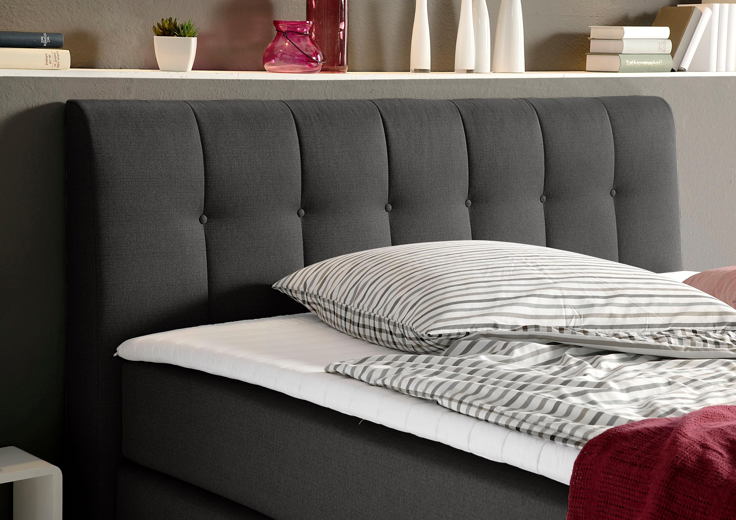 Boxspringbett HOME AFFAIRE "Cafone", grau (anthrazit), B:184cm L:211cm, Bezug der Spiegelfläche Matratzendrell aus 100% Polyester;feiner Strukturstoff-Bezug (100% Polyester), Komplettbetten, Boxspringbett, inkl. Topper, 5 Breiten, 3 Matratzenarten und 3 H 3