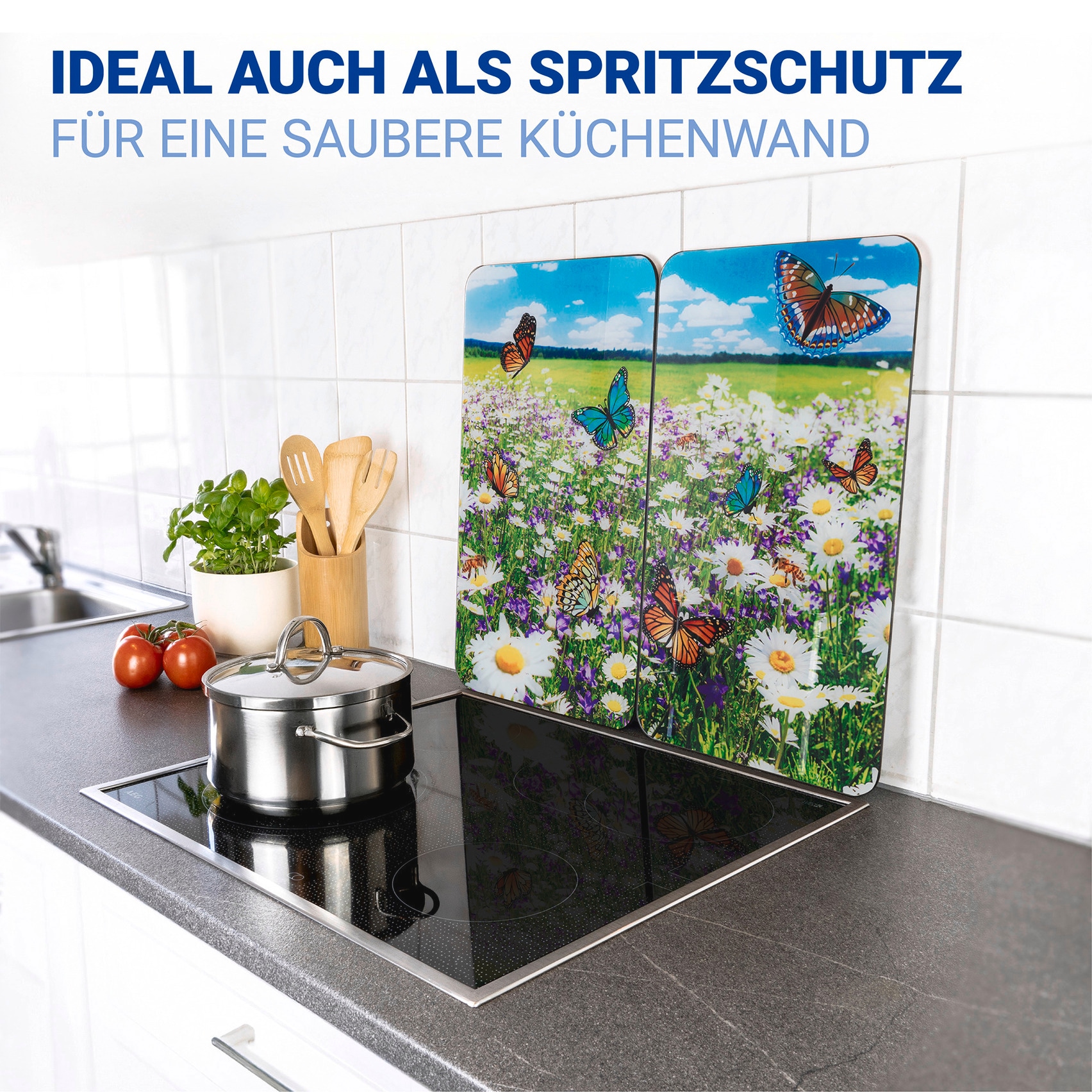 WENKO Herd-Abdeckplatte »Universal Modell Sommerwiese«, (Set, 2 tlg.), Herdabdeckung für alle Herdarten, kratzfest, mit rutschfesten Füßen