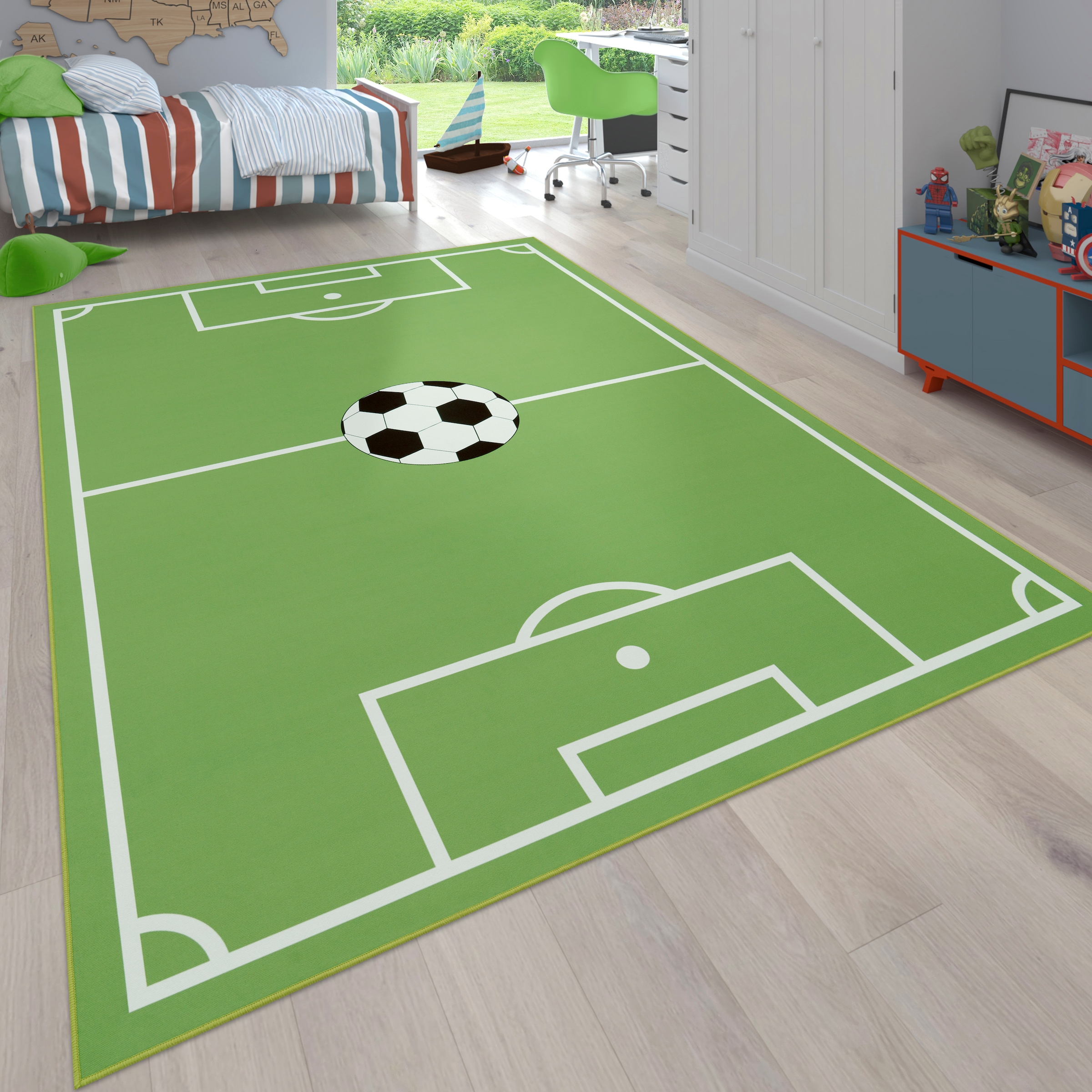 Paco Home Kinderteppich "Bino 568", rechteckig, 4 mm Höhe, Kurzflor, Spiel-Teppich, Motiv Fußballfeld, Kinderzimmer