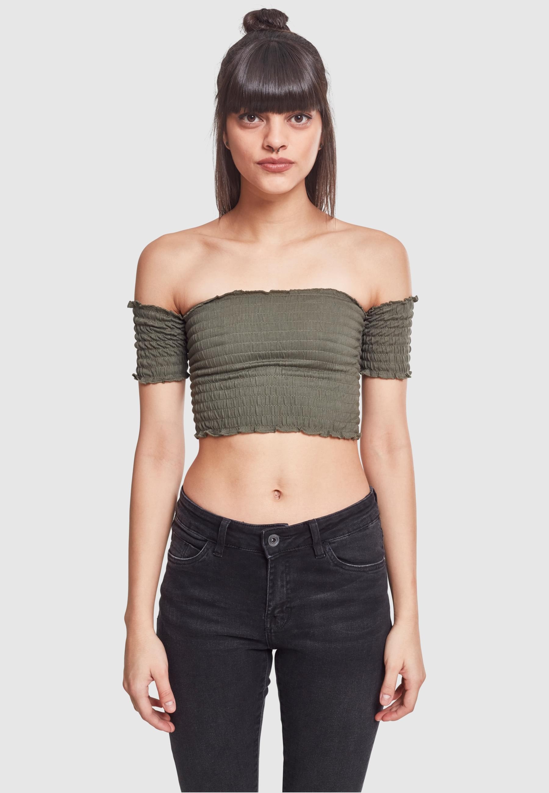 URBAN CLASSICS Muskelshirt »Urban Classics Damen Ladies Cropped Cold Shoulder Smoke Top«, (1 tlg.)