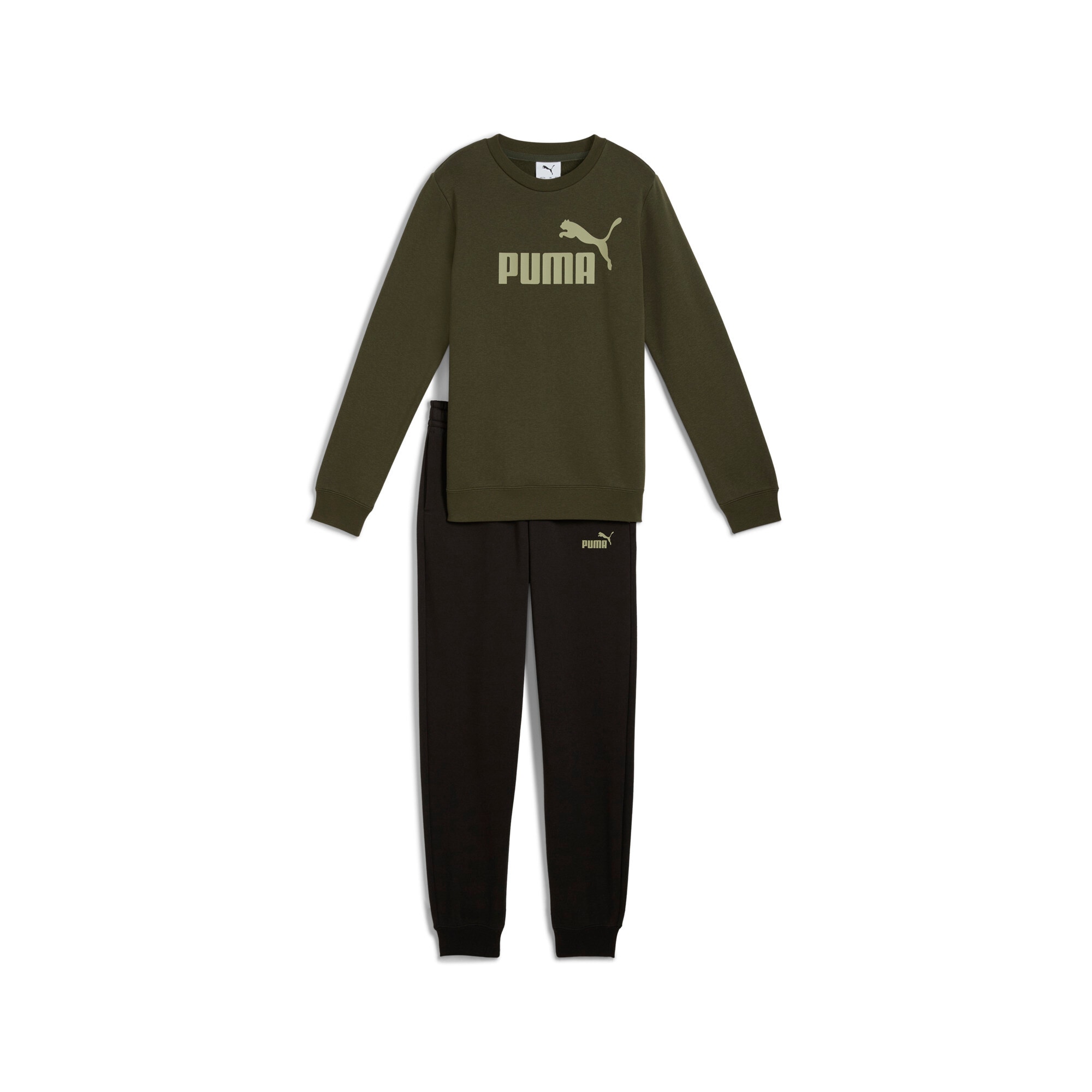 PUMA Trainingsanzug "ESS NO1 LOGO CREW SWEAT SUIT FL B" 2 Stk. zweiteilig, entspannte Passform, ohne Kapuze