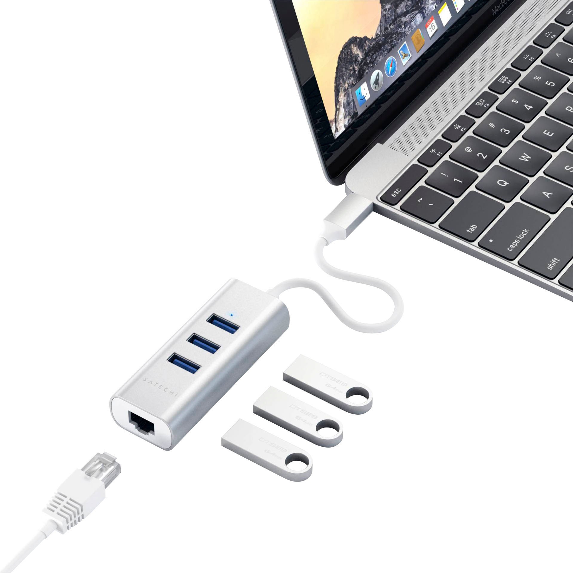 Satechi USB-Adapter »Type-C 2-in-1 3 Port USB 3.0 Hub & Ethernet«, USB 3.0 Typ A-RJ-45 (Ethernet) zu USB Typ C