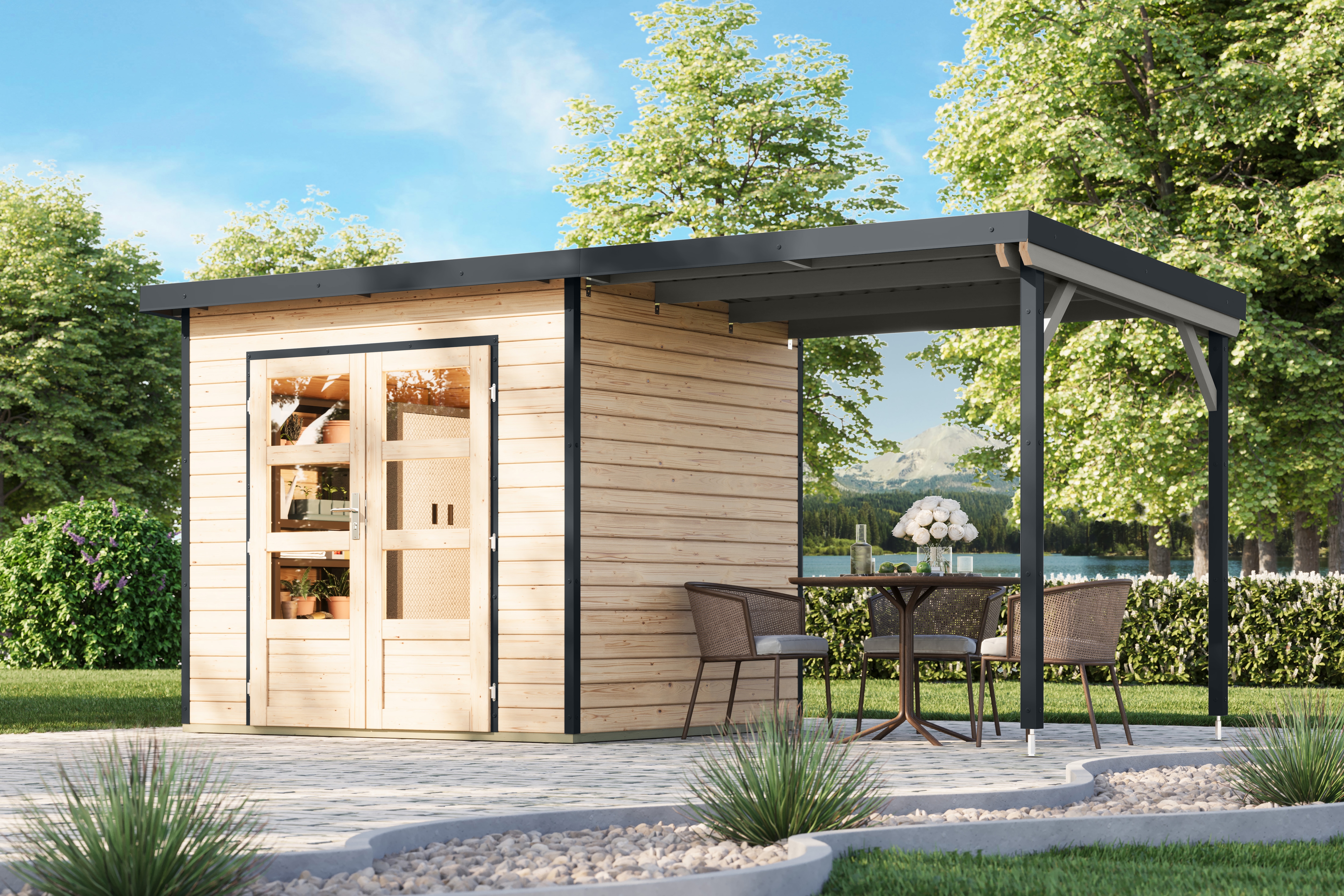 Karibu Gartenhaus "Plutino 2 SET, in verschiedenen Farben" inkl. Anbaudach