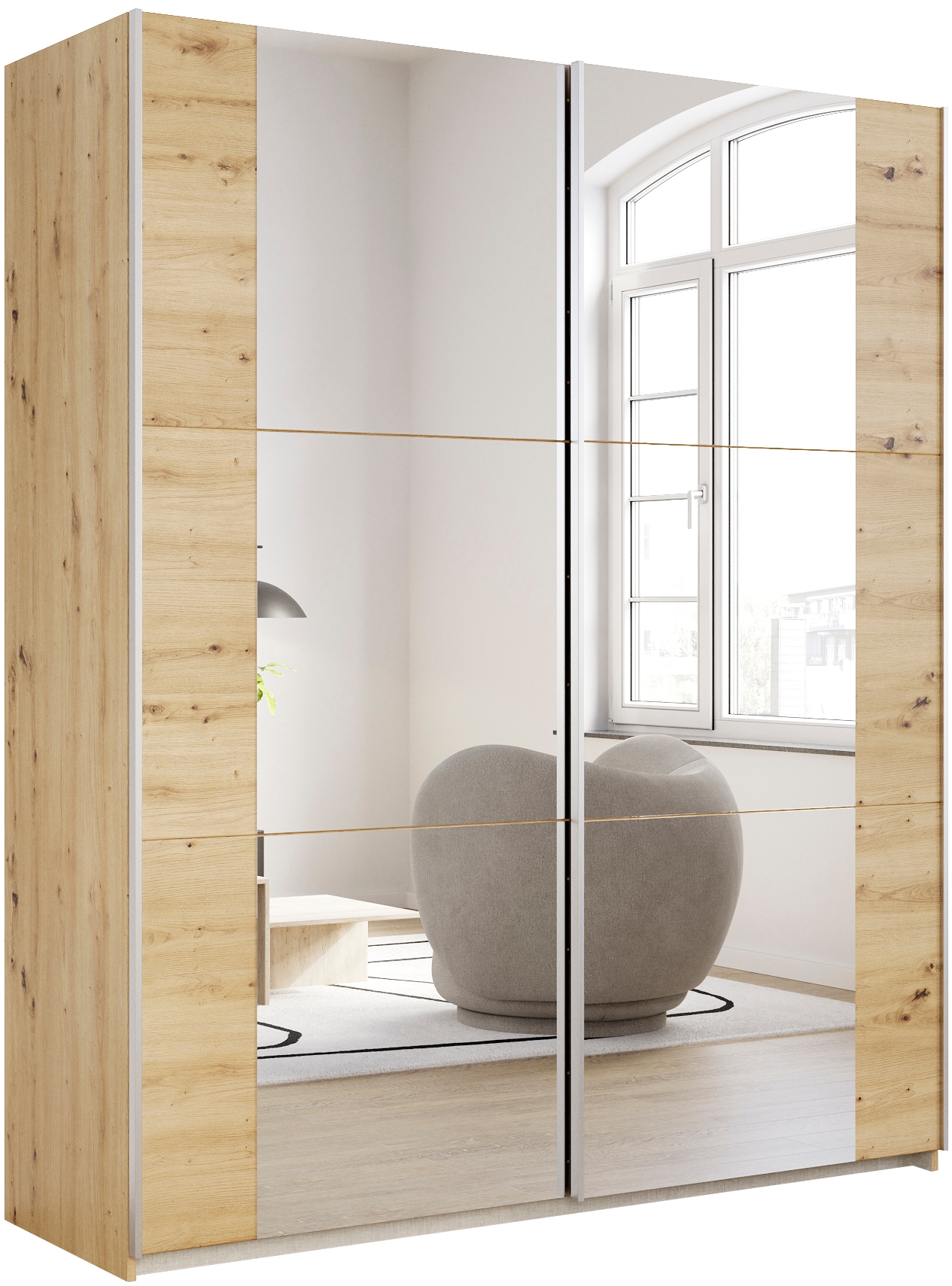 rauch Schwebetürenschrank "Kleiderschrank Drehtürenschrank Schrank Garderobe KRONACH" in 3 Ausstattungen BASIC/CLASSIC/PREMIUM, Breiten 131/175/218/261 cm, optional ohne, mit 1 oder 2 Spiegel, viel Stauraum MADE IN GERMANY
