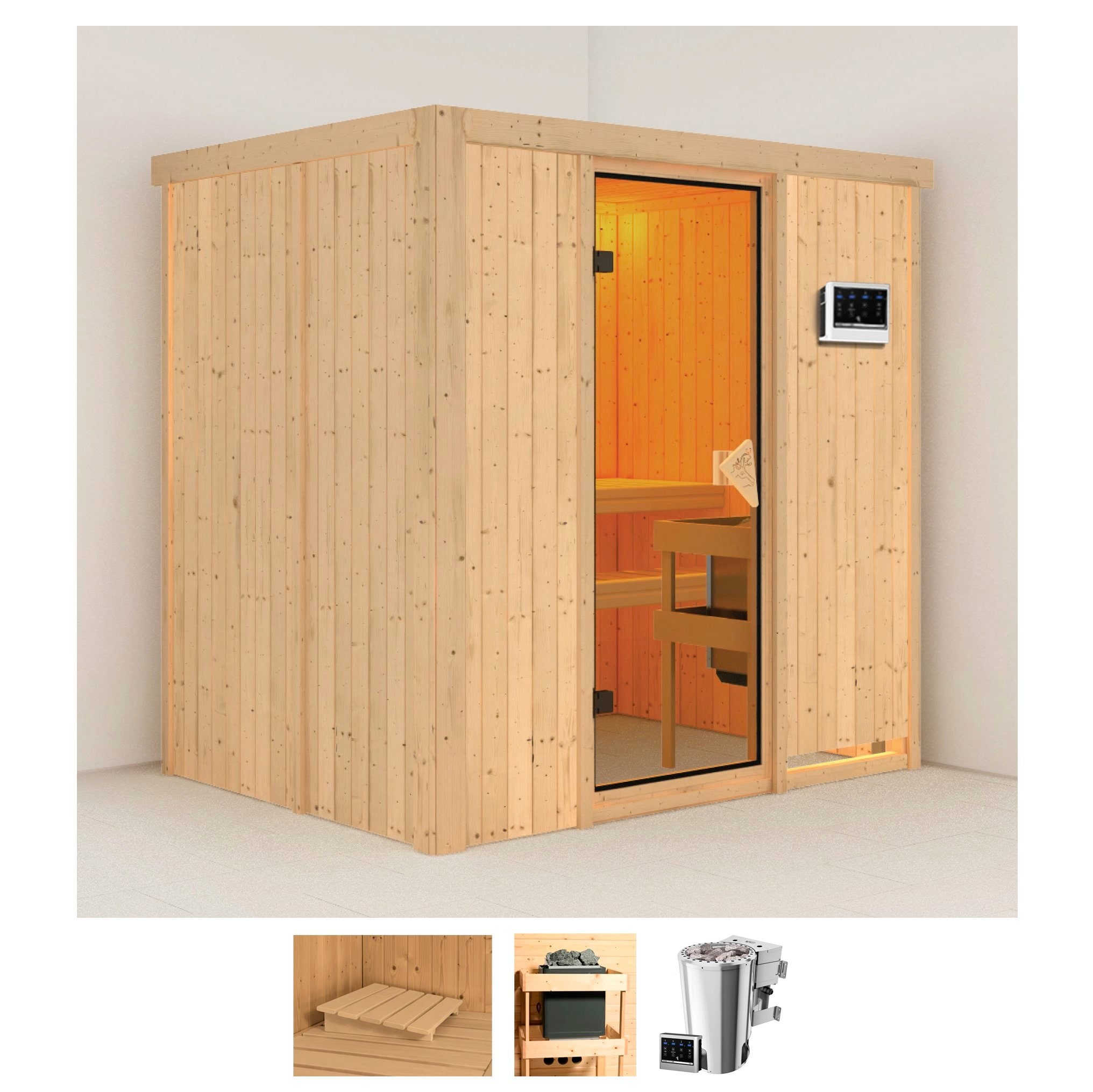 Karibu Sauna "Finja" Set, 3,6-kW-Bio-Plug & Play Ofen mit externer Steuerung