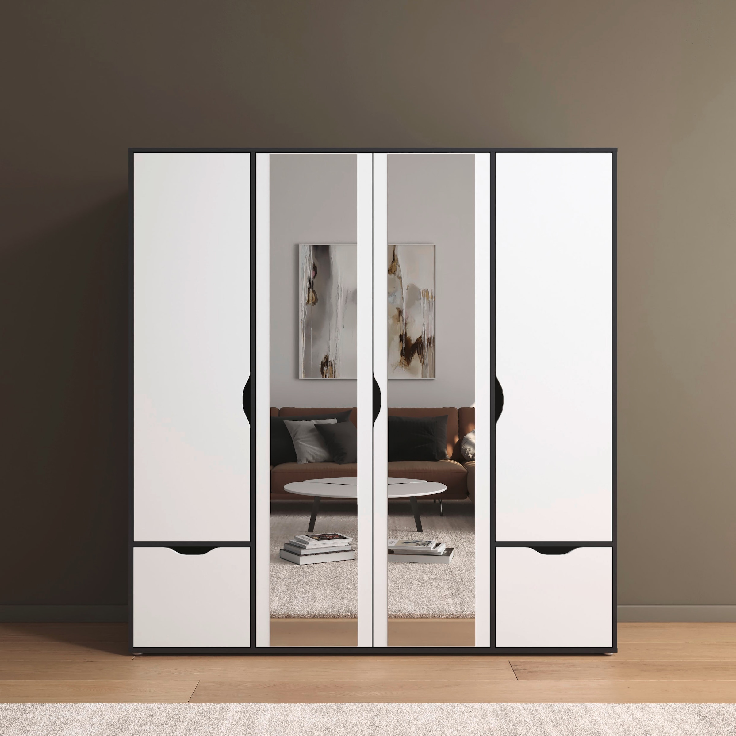 rauch Drehtürenschrank »Kleiderschrank Schrank Garderobe Wäscheschrank NARAI mit Schubladen«, (in 3 verschiedenen Ausstattungen BASIC/CLASSIC/PREMIUM), Griffausfräsungen für eine grifflose Optik TOPSELLER MADE IN GERMANY