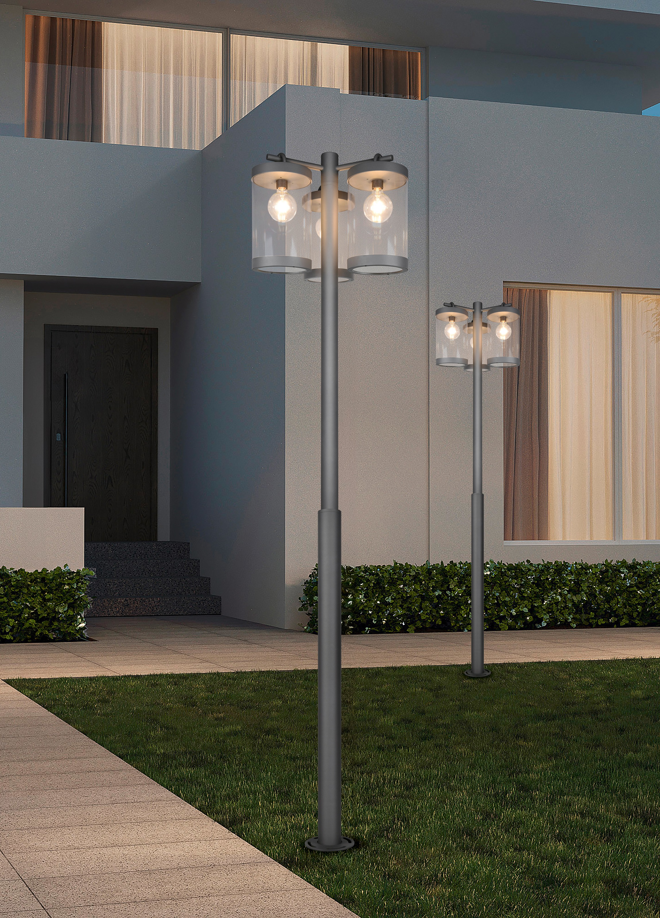 TRIO Leuchten Außen-Stehlampe »SAMBESI, Große Garten Stehleuchte Höhe 240cm, IP44 Dämmerungssensor«, 3 flammig, Leuchtmittel E27 | Leuchtmittel wechselbar, Outdoor Stehlampe 3-flammig, exkl 3x E27 max 28W, Alu Druckguss