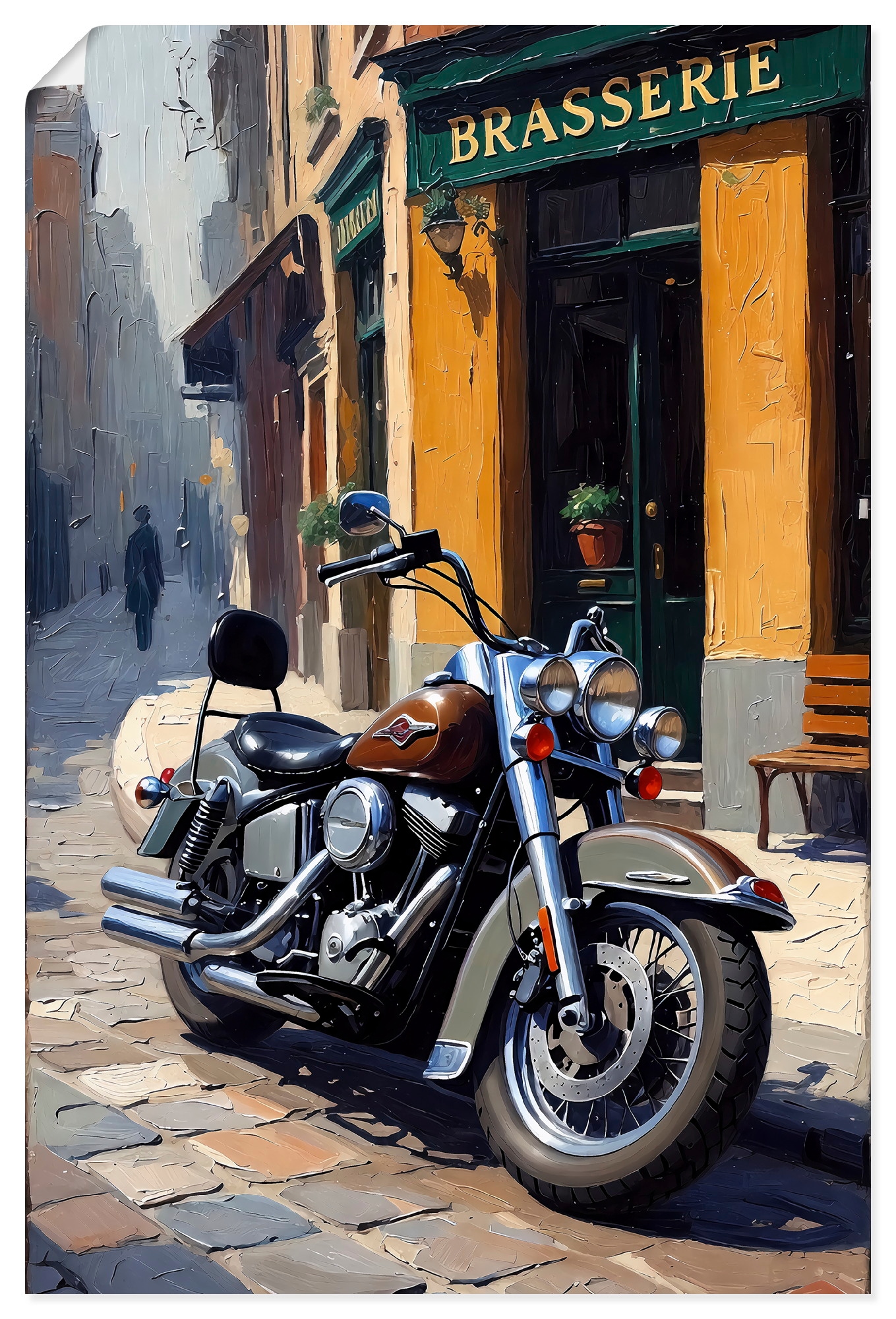Artland Wandbild "Eine parkende Harley vor einem Brasserie" 1 Stk. tlg. als Alubild, Leinwandbild, Poster, Wandaufkleber in verschied. Größen