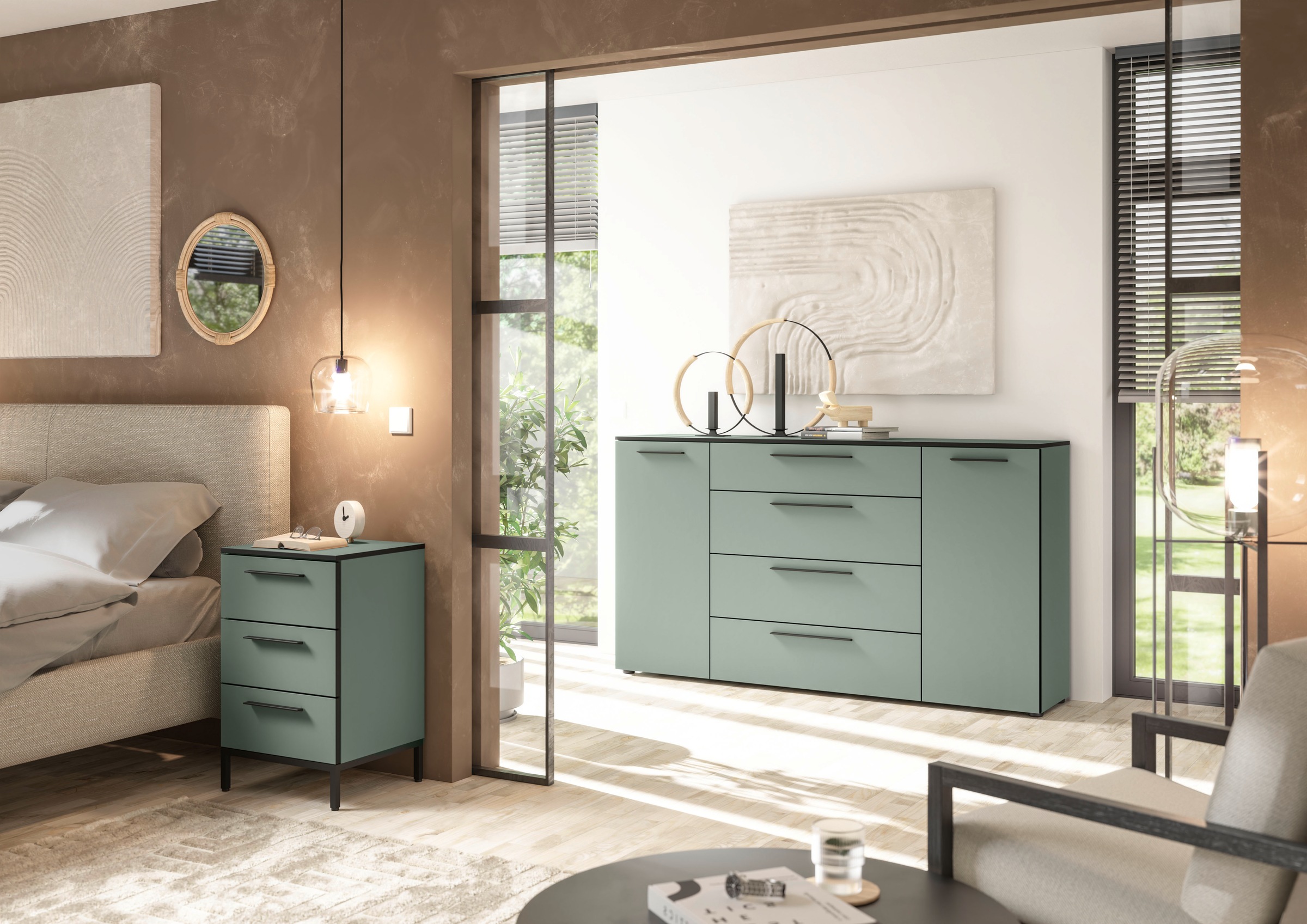 Manjana Möbel Nachtkommode "Nachtkommode mit Schwarz matten Metallgriffen" günstig online kaufen