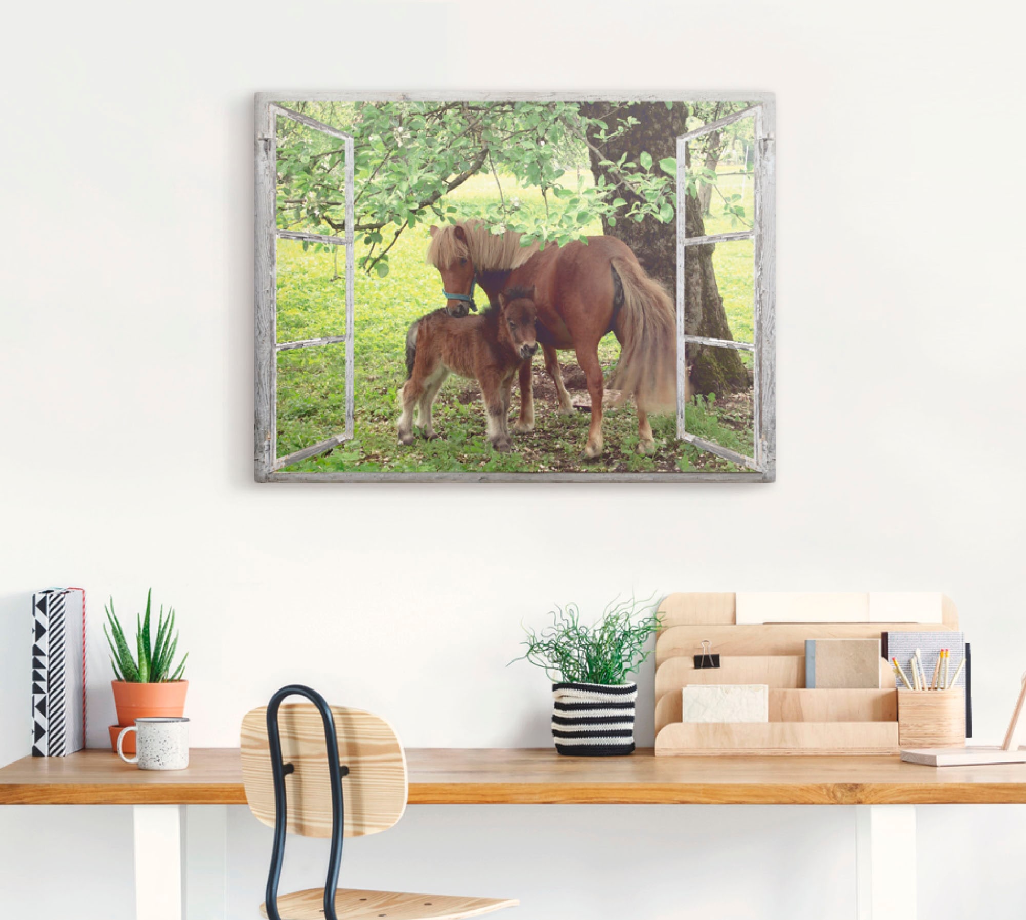 Artland Wandbild »Fensterblick - Pony mit Kind«, Haustiere, (1 St.), als Leinwandbild, Poster, Wandaufkleber in verschied. Größen