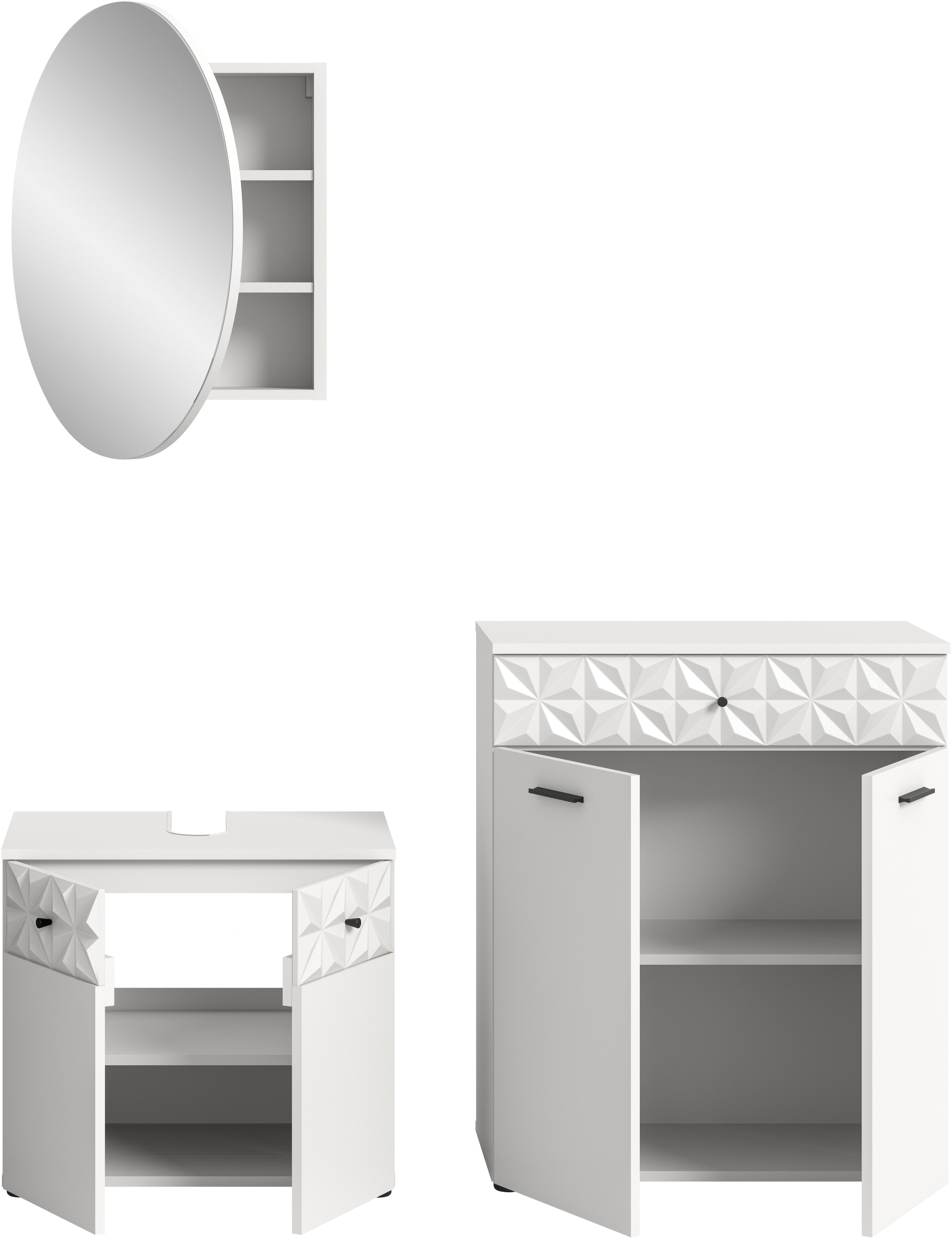INOSIGN Badezimmer-Set »VICENZA, TOPSELLER!, Breite 145cm, 3-teilig, mit Ornamentabsetzung«, (best. aus: Waschbeckenunterschrank, Spiegelschrank und Unterschrank), Waschbeckenunterschrank, Spiegelschrank und Unterschrank