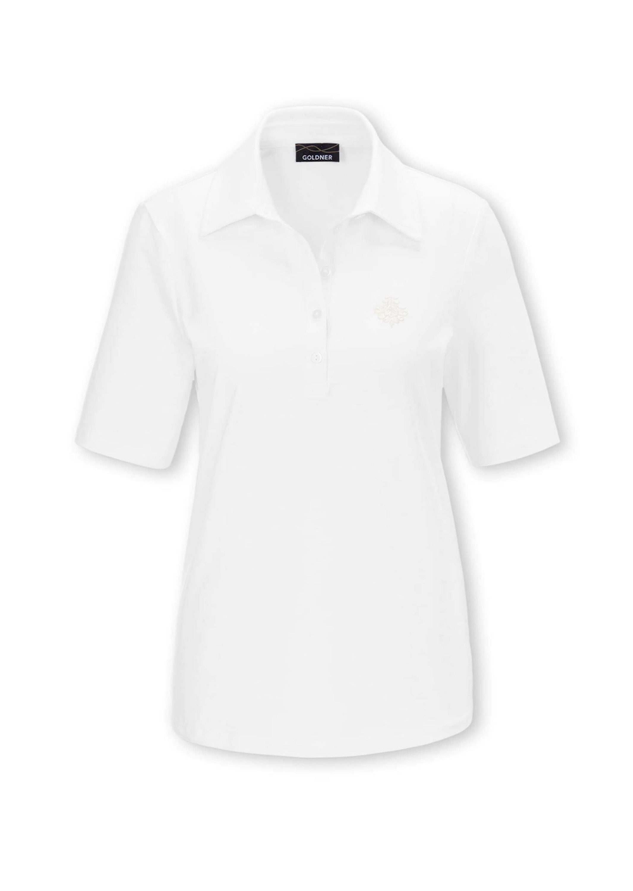 Poloshirt GOLDNER "Kurzgröße Stretchbequemes Poloshirt", Damen, Gr. 20, weiß, Obermaterial: 95% Baumwolle CO. 5% Elasthan EL., Tubular, Shirts, Tonige Knöpfe in Perlmuttoptik