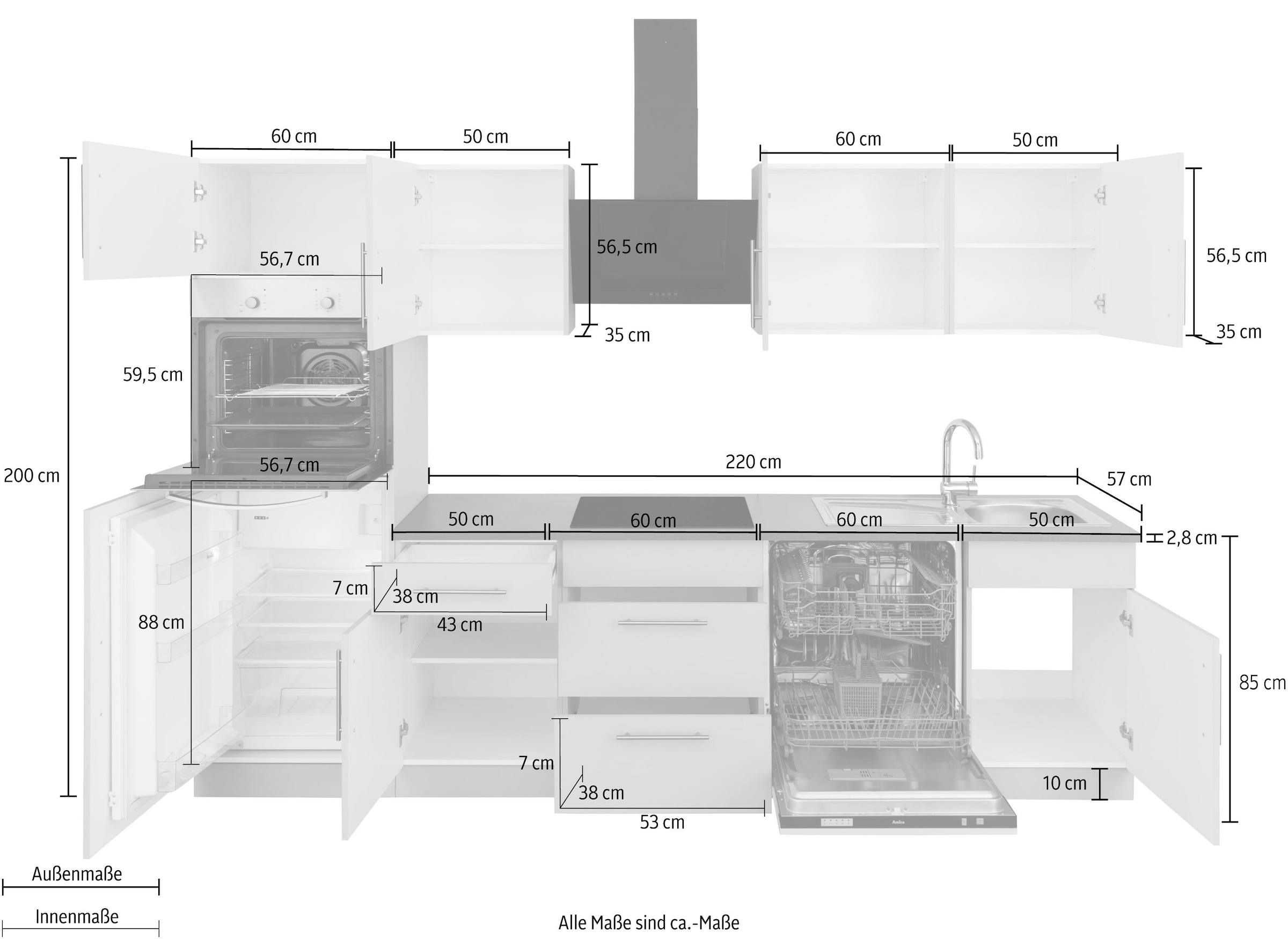 wiho Küchen Küchenzeile »Cali«, ohne E-Geräte, Breite 280 cm