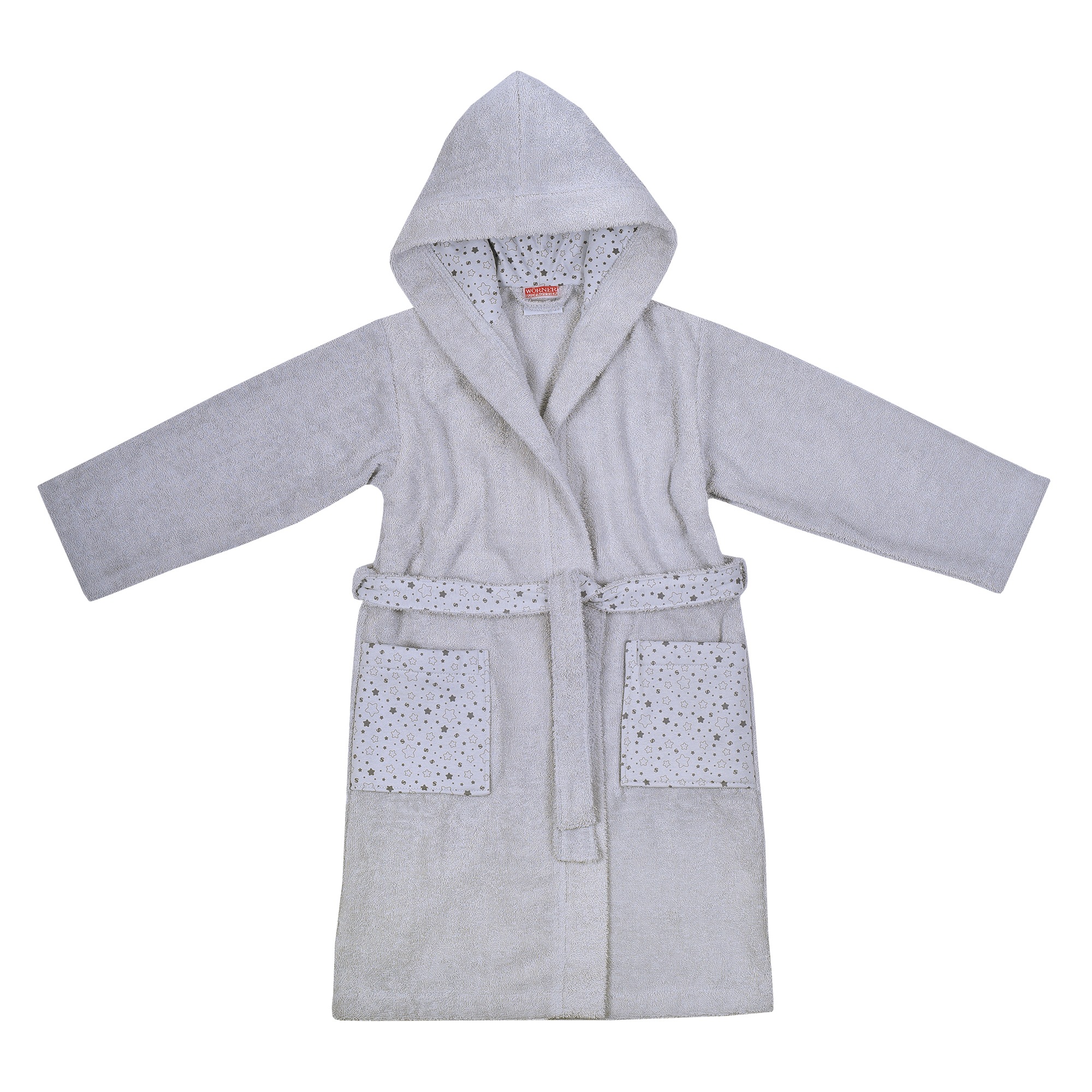 Kinderbademantel WÖRNER, L:80cm, grau, Baumwoll-Webfrottier, Hausmäntel, "Sterne", mit Stickerei, mit Taschen, maschinenwaschbar, trocknergeeignet
