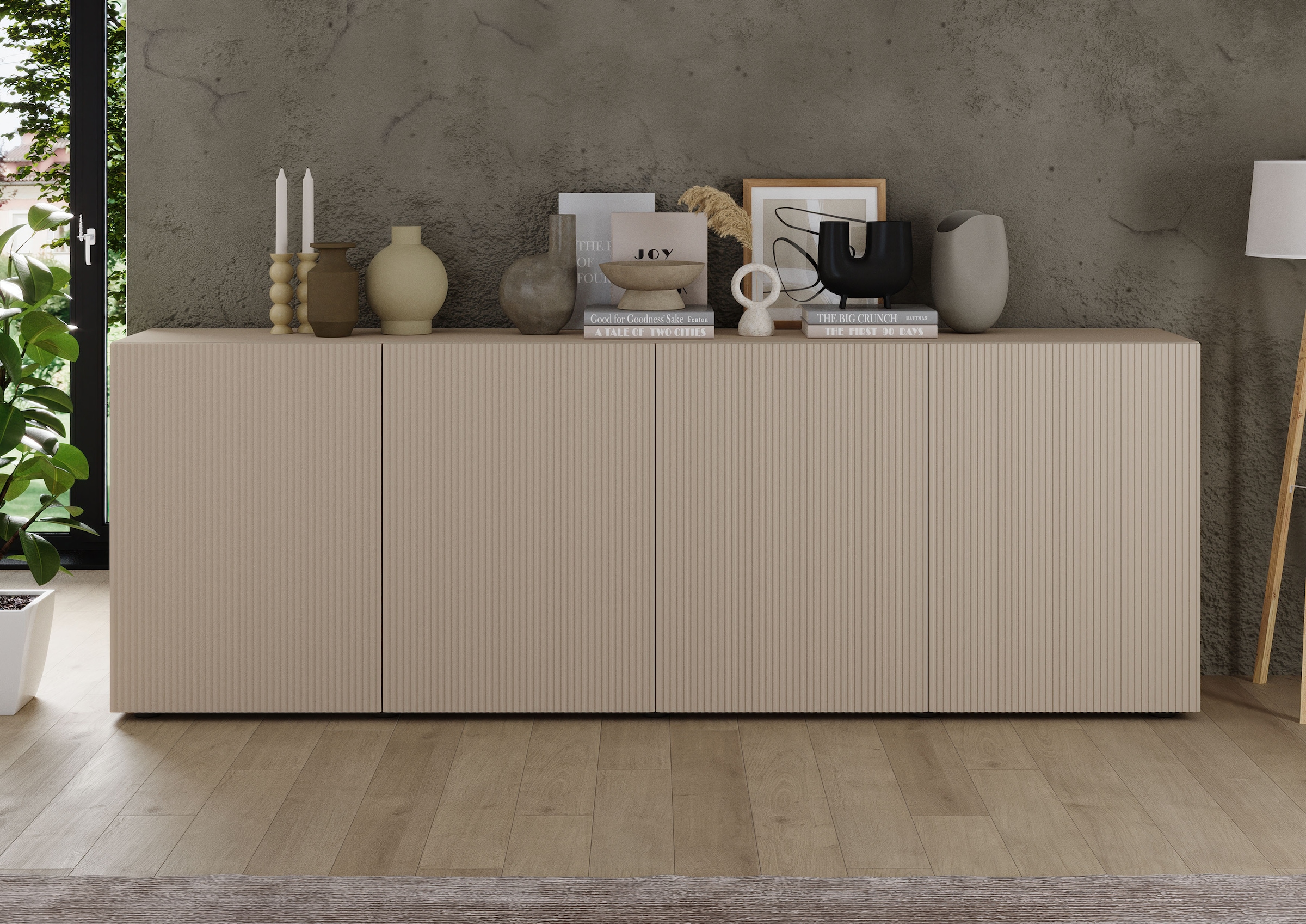 INOSIGN Sideboard »Rio Breite 240 cm, Kommode mit 4 Türen, Anrichte,«, geriffelte Front, modern u. elegant, viel Stauraum