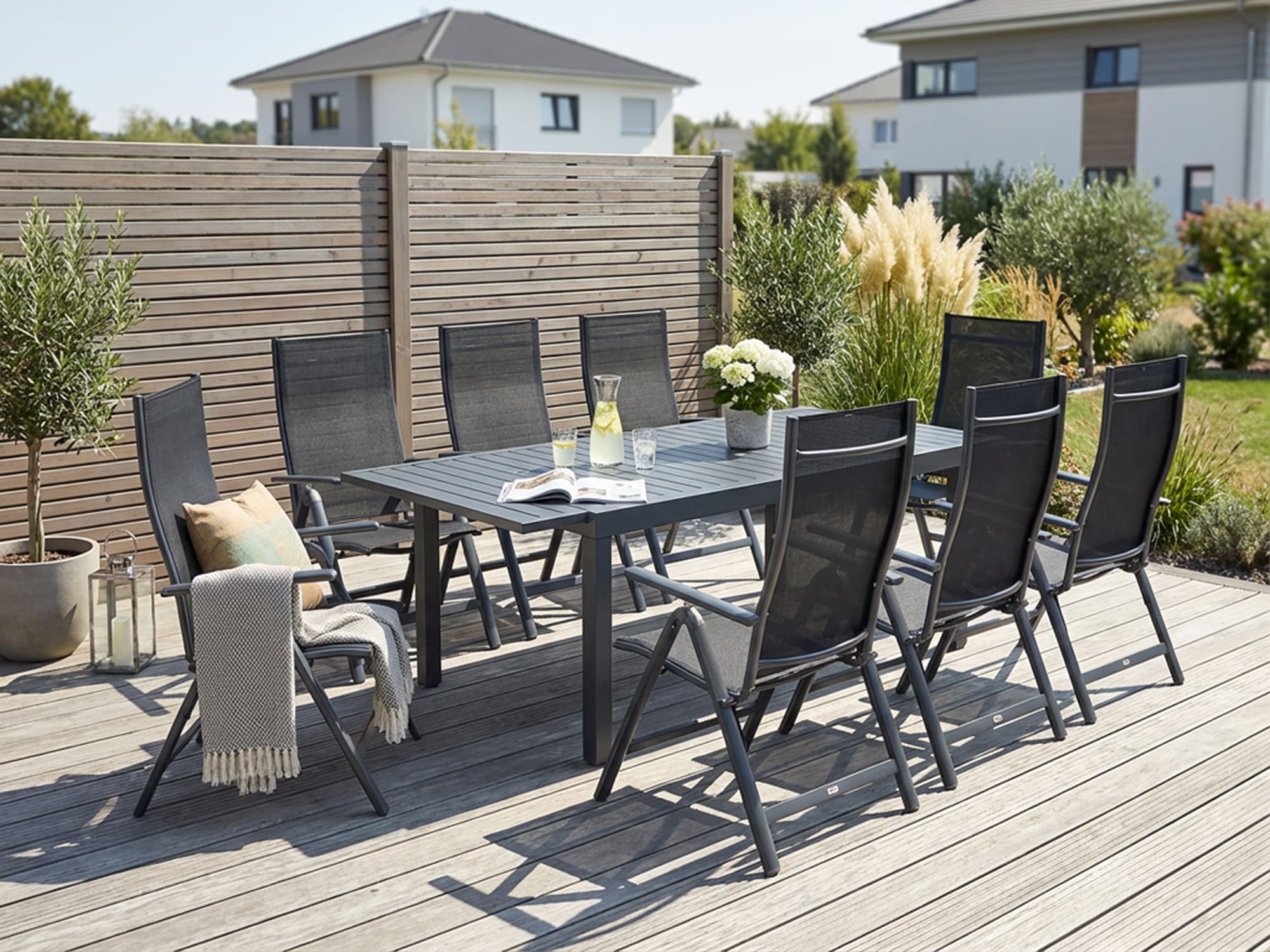 KONIFERA Garten-Essgruppe »Palermo« 8x Sessel, 1x AZ-Tisch 160-240x100 cm, Aluminium, Textilgewebe, 9 Stk. tlg. klappbar, 7-fach verstellbare Rückenlehne, Tischplatte aus Alulatten