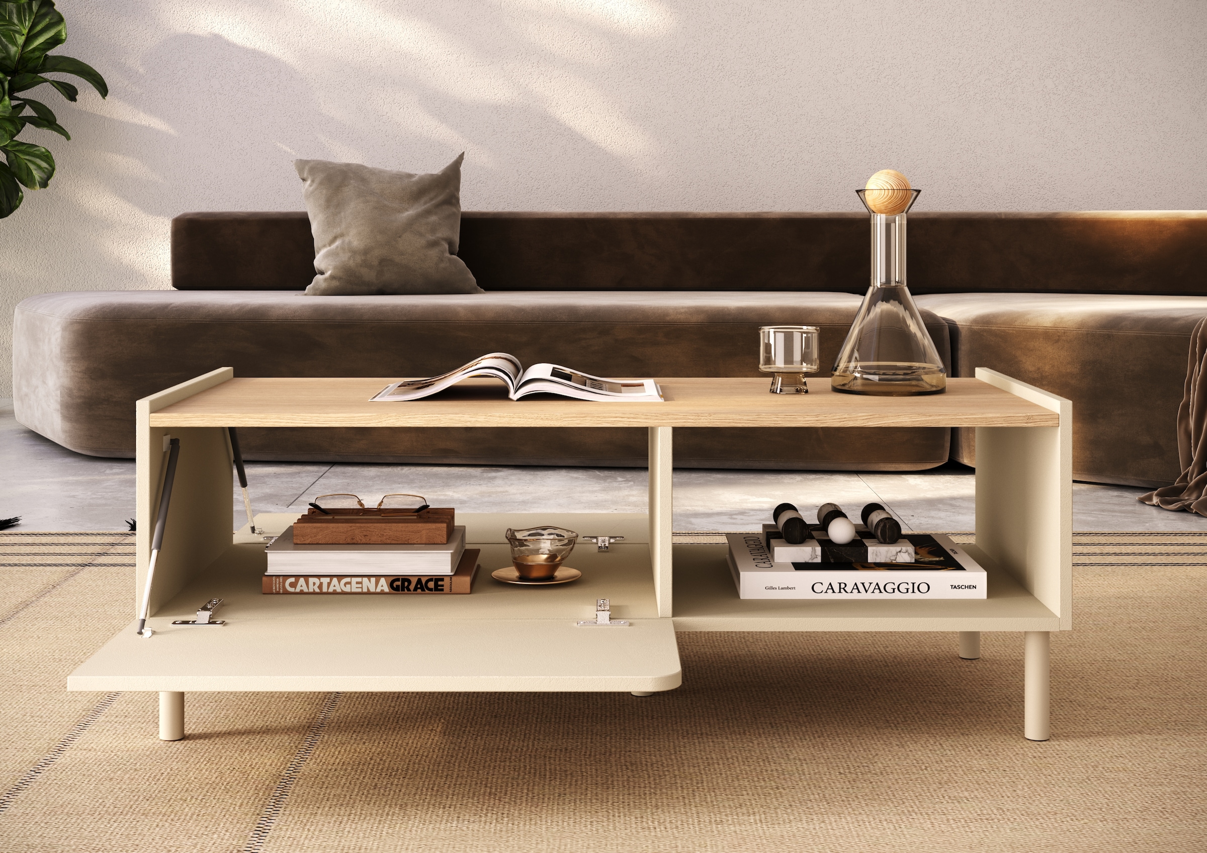 OTTO home Couchtisch »Dobbiaco 112x54 cm Korpus-Couchtisch, 2 Klappen, offenes Fach« Rechteckiger Wohnzimmertisch mit flexiblem Stauraum & Metallfüßen