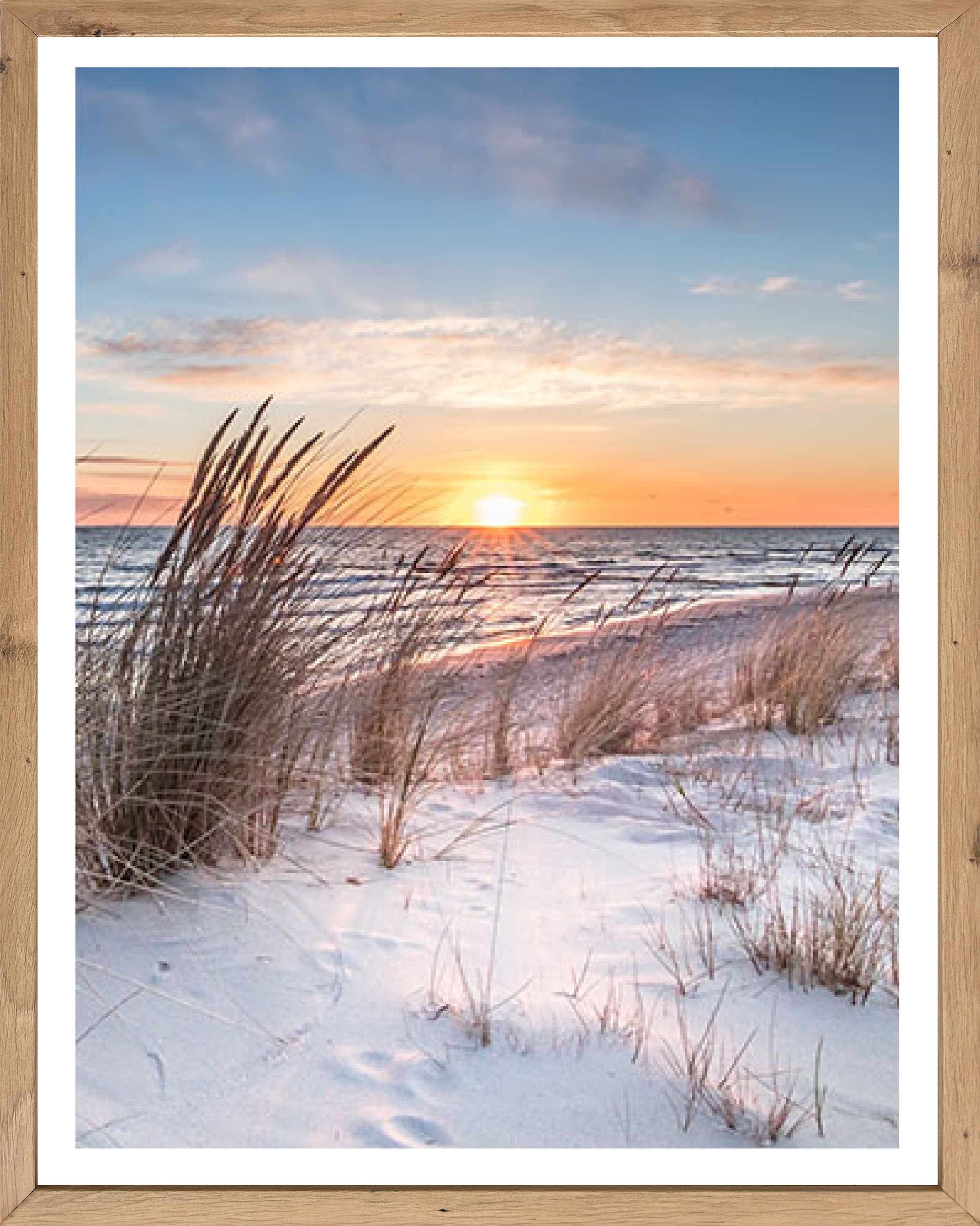 Bönninghoff Bild mit Rahmen "Wandbild gerahmt SONNENUNTERGANG 40x50 cm – Natur Wanddeko modern" Düne Gräser Küste Landschaft Meer Natur Sonnenaufgang & -untergang Strand 1 Stk. tlg. mit dekorativem Rahmen
