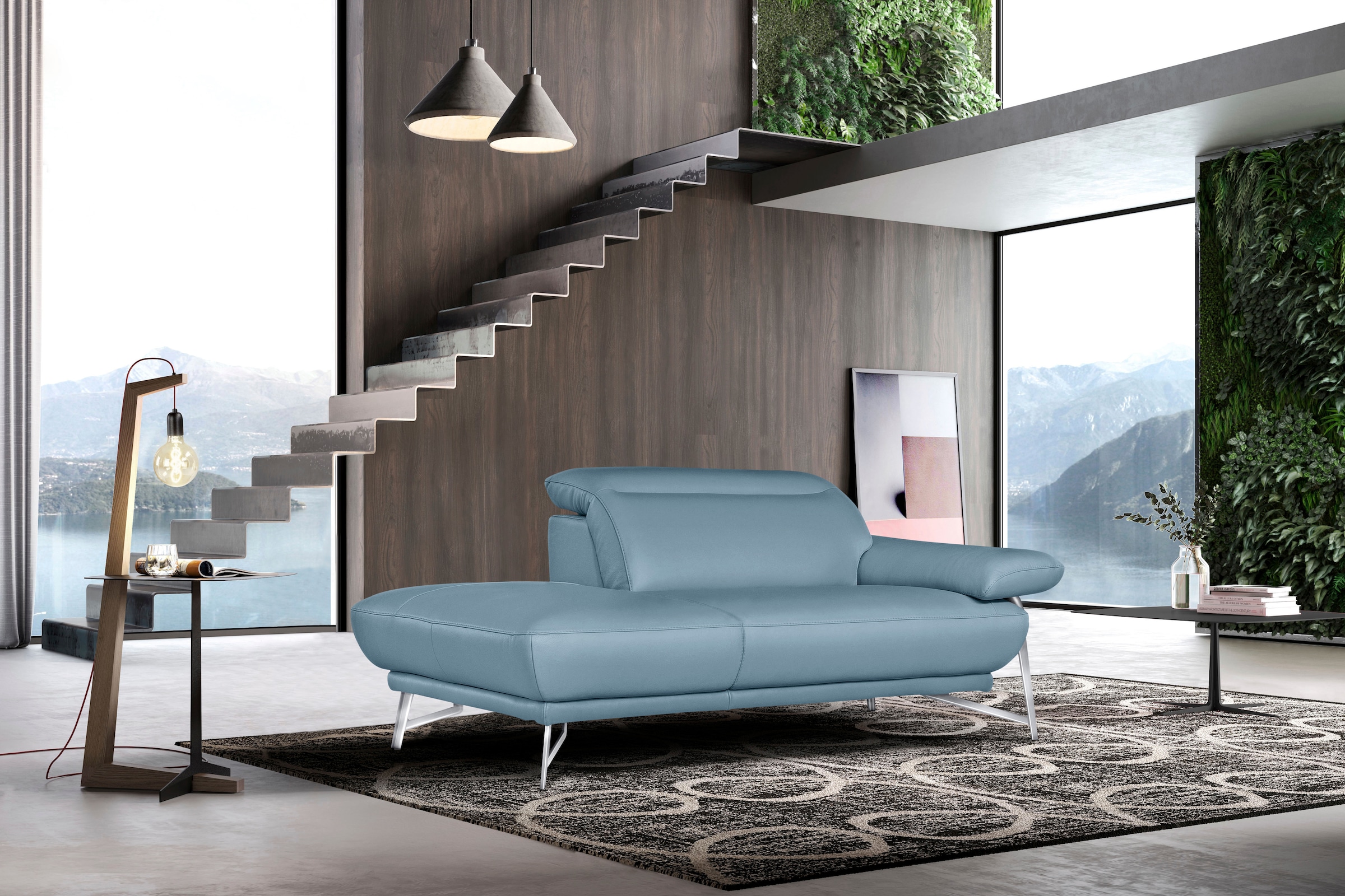 Egoitaliano Ottomane "Anais, erstklassiges Designsofa, Breite 179 cm, Fußfarbe chrom" Kopfteil verstellbar, Leder CAREZZA, himmelblau