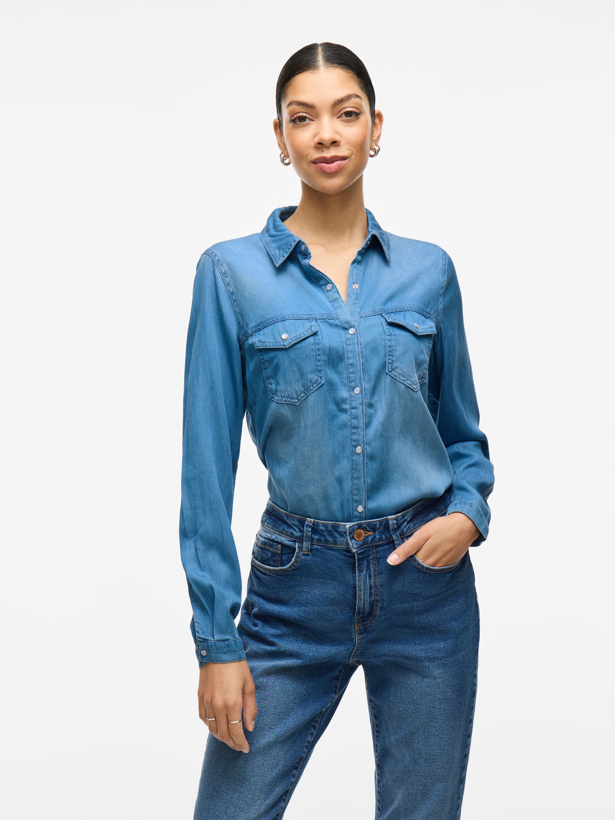 Vila Chemise à Manches Longues Bista Denim Medium Blue Denim / Wash Clean XL Femme 4