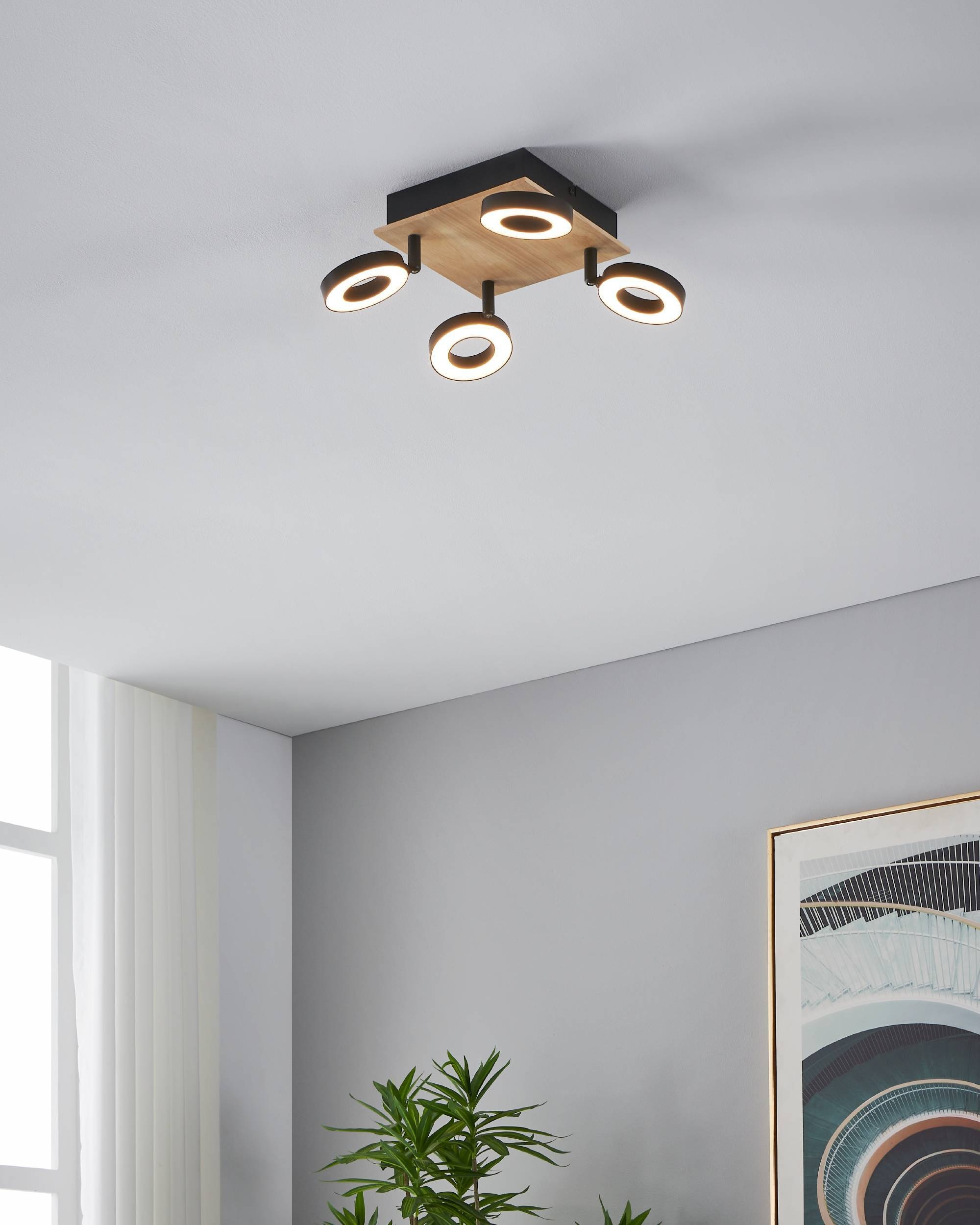 EGLO Deckenleuchte »Rielves Deckenlampe, Holz und Metall, Spotbalken schwenkbar, Lampe« LED-Modul 1 Stk. Warmweiß Spot - L17 x B17 x H17,5 cm - braun, schwarz - 4X4,2W inkl.