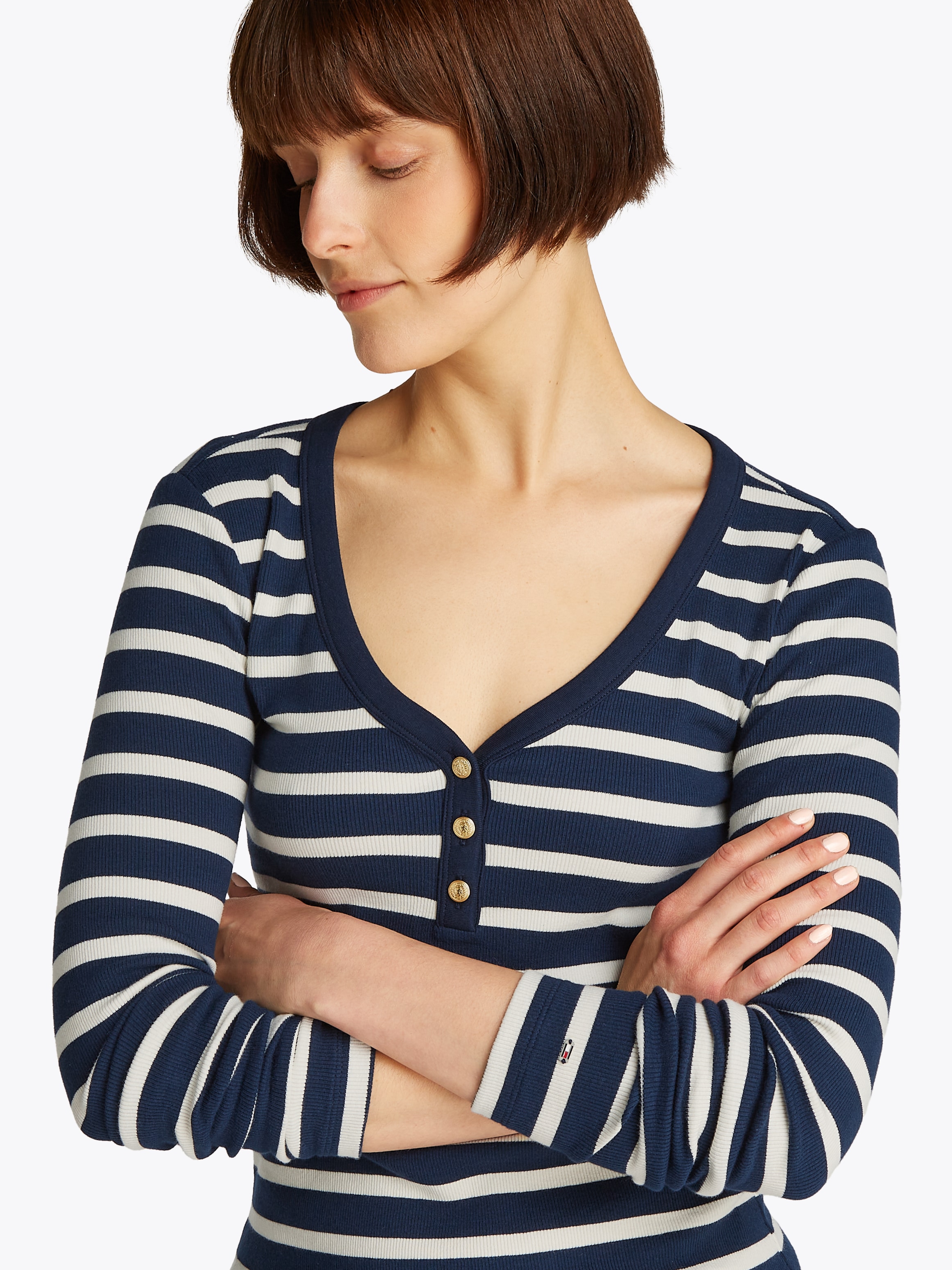 Tommy Hilfiger Langarmshirt »SLIM HENLEY GB SCOOP-NK LS«, mit Rippenstruktur, mit Metalllabel
