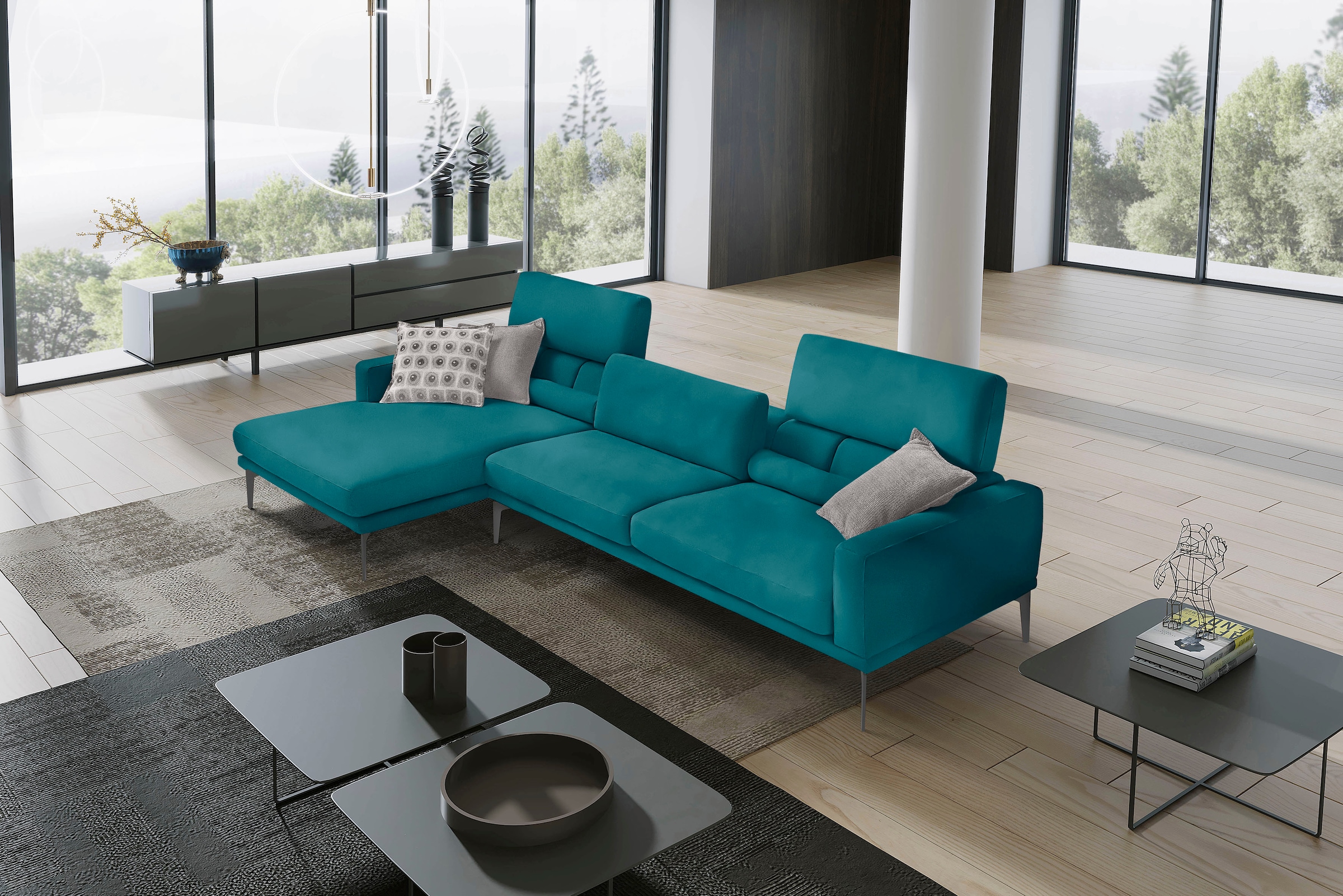 Egoitaliano Ecksofa "Masu, Design trifft sensationellen Sitzkomfort, Breite 277cm, L-Form" inkl. 2 Kissenrollen, Rückenelemente manuell verstellbar, Metallfüße
