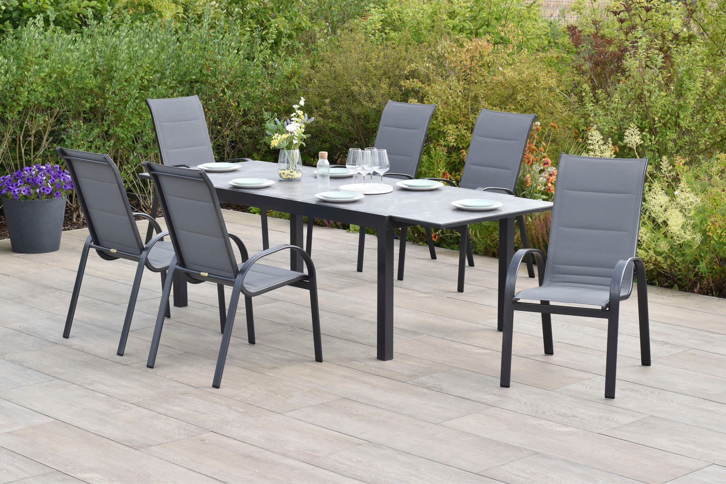 MERXX Garten-Essgruppe »»Amalfi««, (Set, 7 tlg.), Stapelsessel mit hoher Rückenlehne und Polsterung