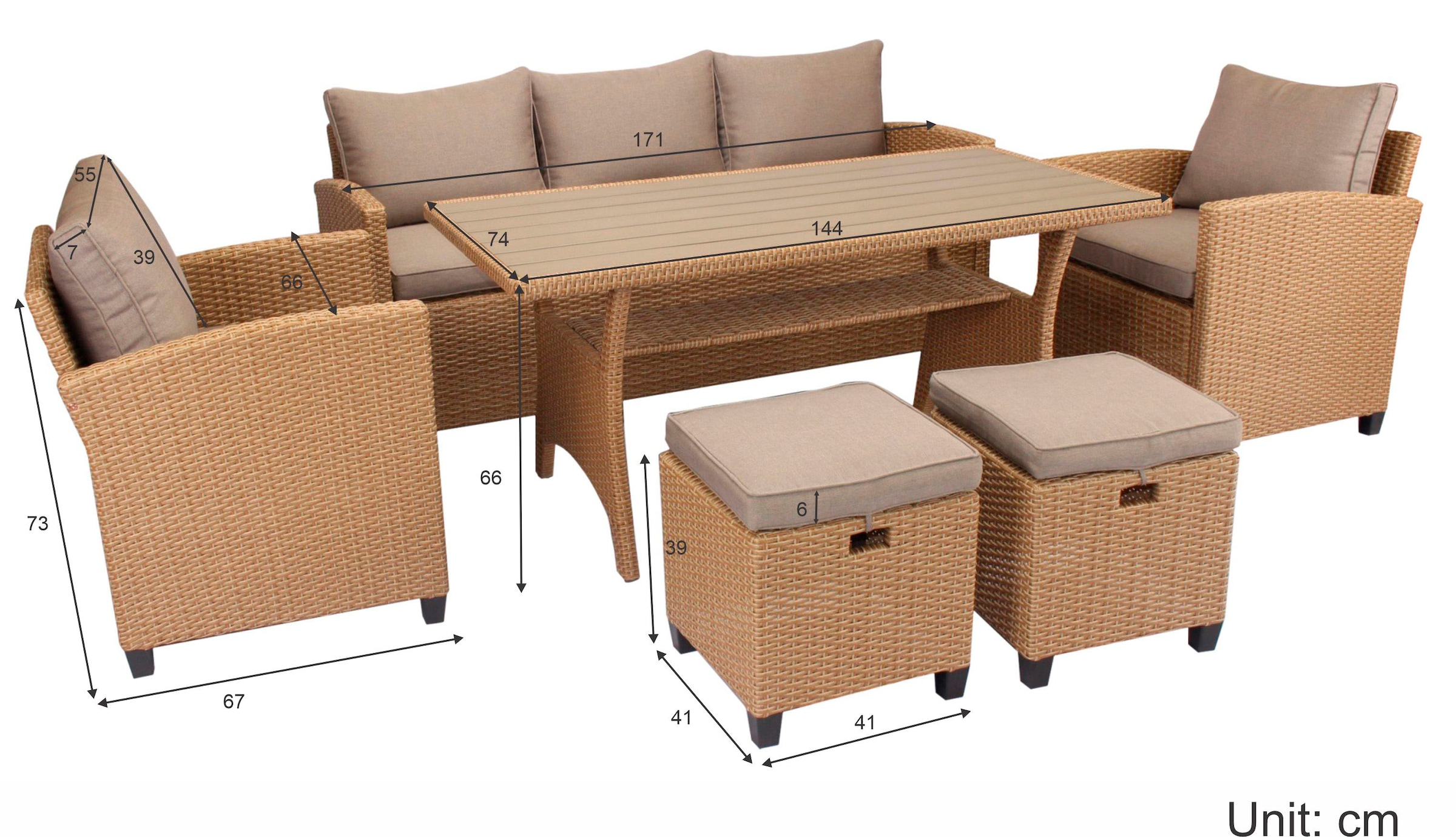 KONIFERA Gartenlounge-Set »Amsterdam«, (Set, 16 tlg., 1x 3er Sofa, 1x 2 Sessel, 2x Hocker, 1xTisch 144,5x74x67cm,Polyrattan), Stahl, Ablagefläche unter dem Tisch, Loungeset