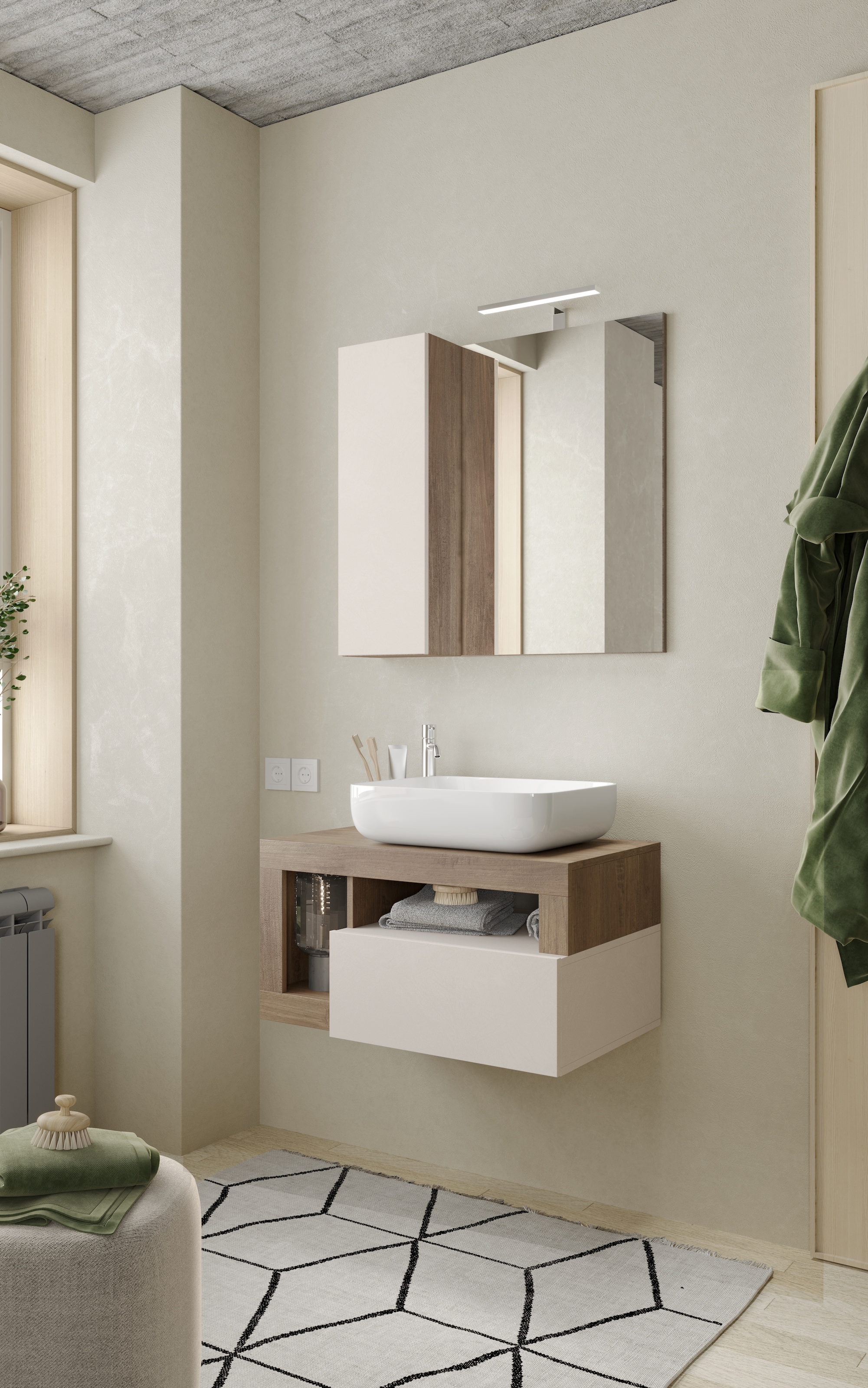 welltime Badmöbel-Set »Hamburg, Badezimmerset 2tlg. Breite 79 cm, Badmöbel, Waschtisch inkl.«, (Spar-Set, 2 St.), Waschbecken, Spiegelschrank mit LED Aufbauleuchte, Soft-Close-Funktion