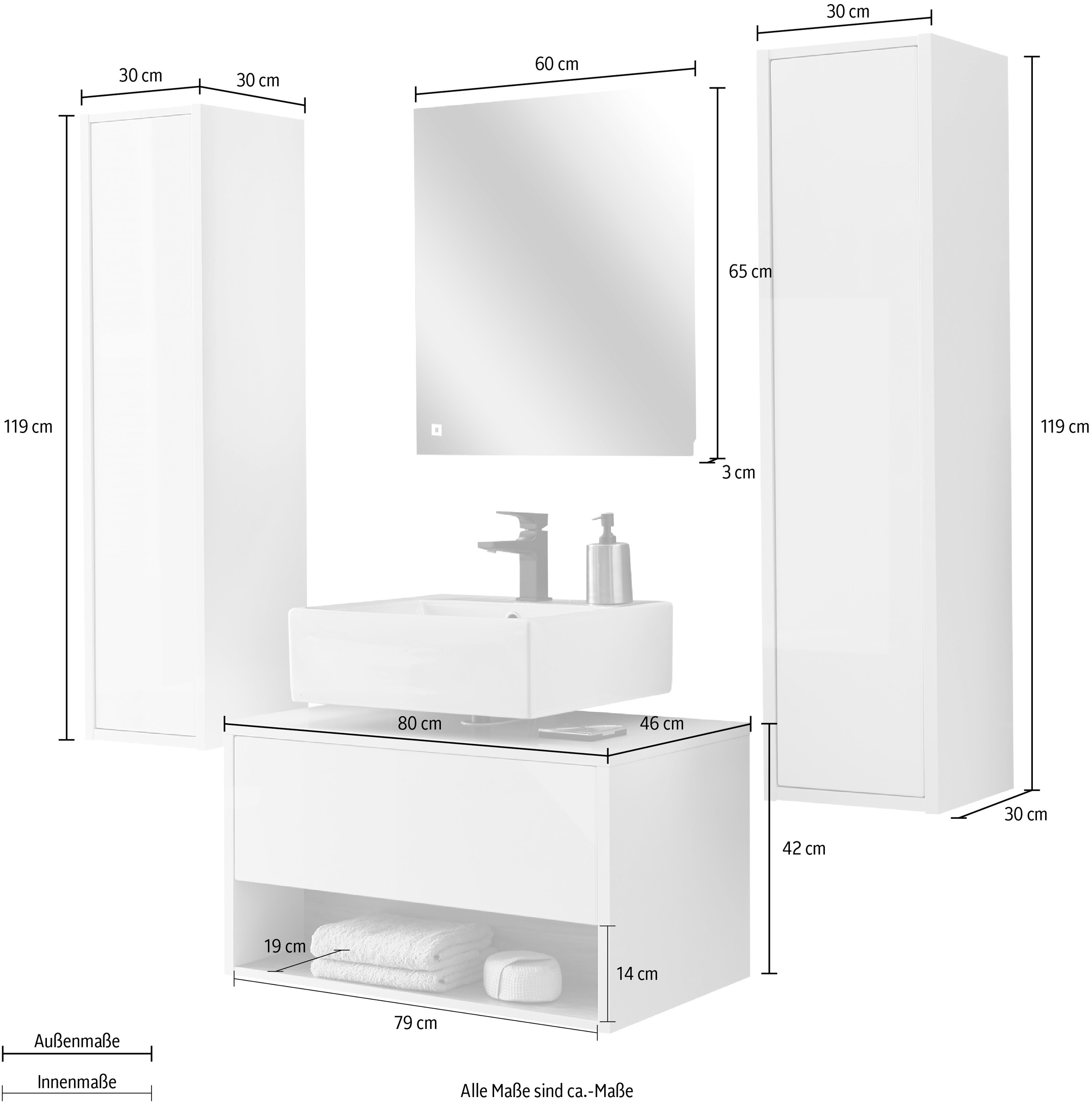 Places of Style Badmöbel-Set »Studio Line, Bad im modernen Design, 4-teiliges Badezimmer«, (4 St.), Schrank, Unterschrank und Spiegel, in zwei Farben verfügbar, Stauraum