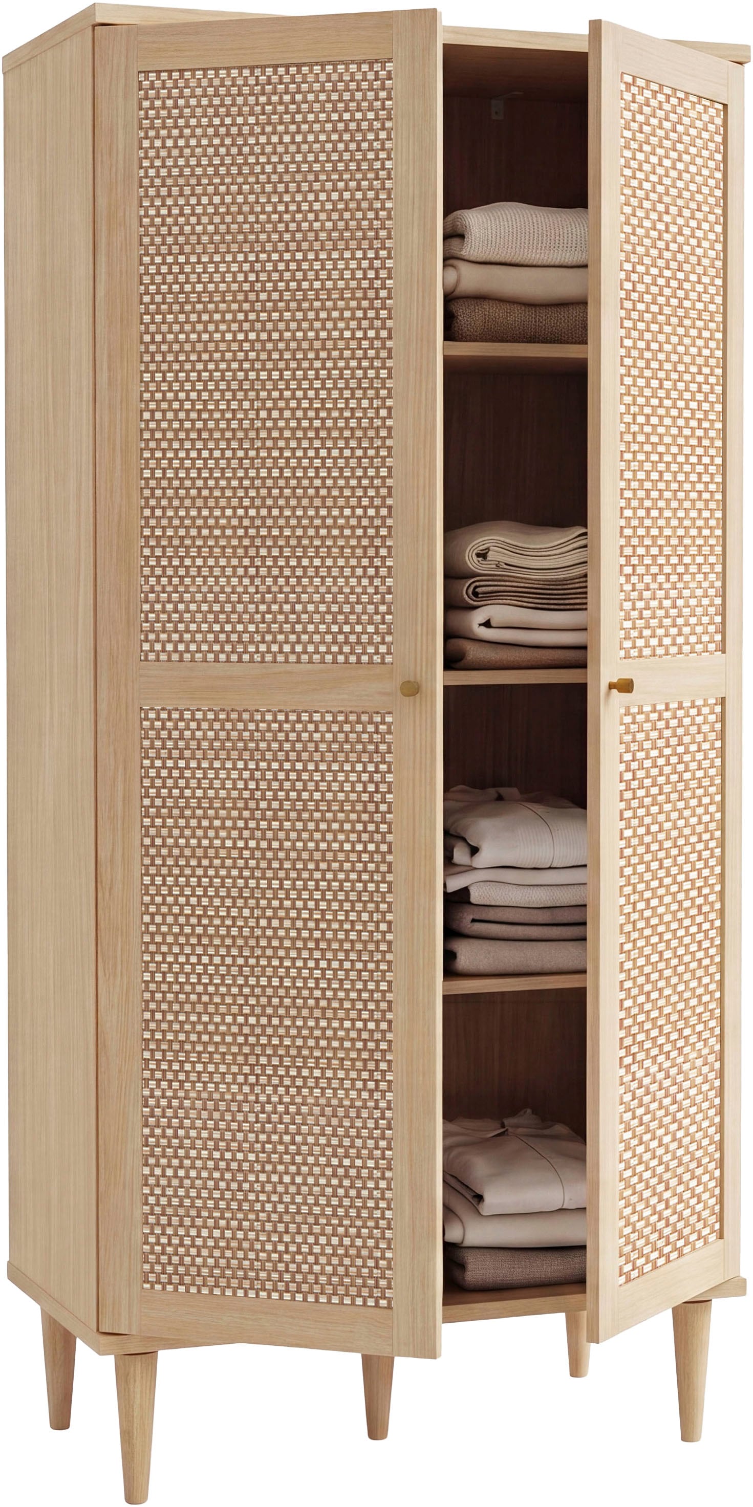 OTTO home Kleiderschrank »ELLIAN mit natürlicher Geflechtoptik und warmem Holzdekor« Holzfüße, Metallgriffe, Made in EU, viel Stauraum, FSC® zertifiziert