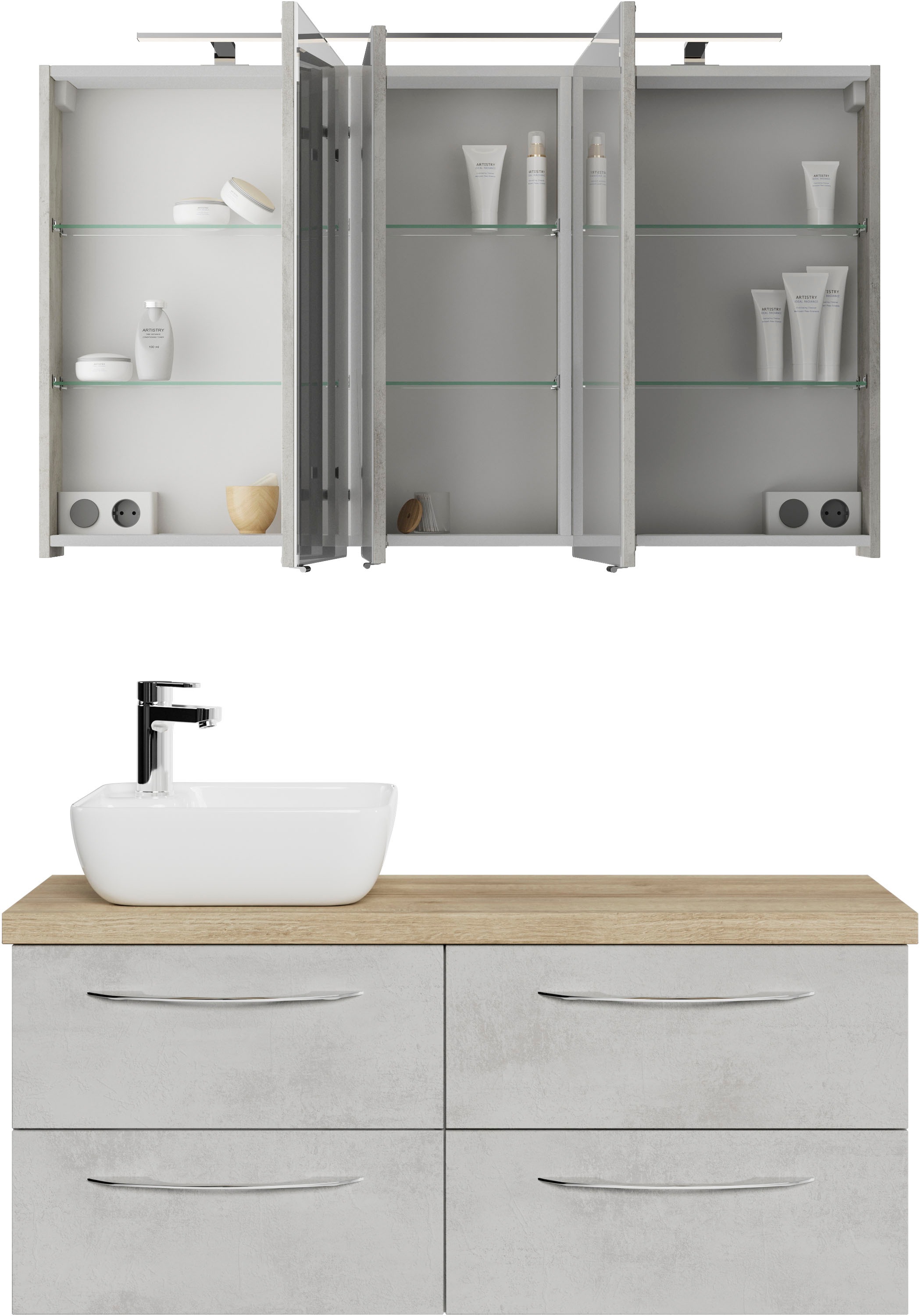 Saphir Badmöbel-Set »Serie 4035 2-teilig, Keramik-Aufsatzbecken mit LED-Spiegelschrank«, (Set), Waschplatz inkl. Türdämpfer, 120 cm breit, 4 Schubladen, 3 Türen