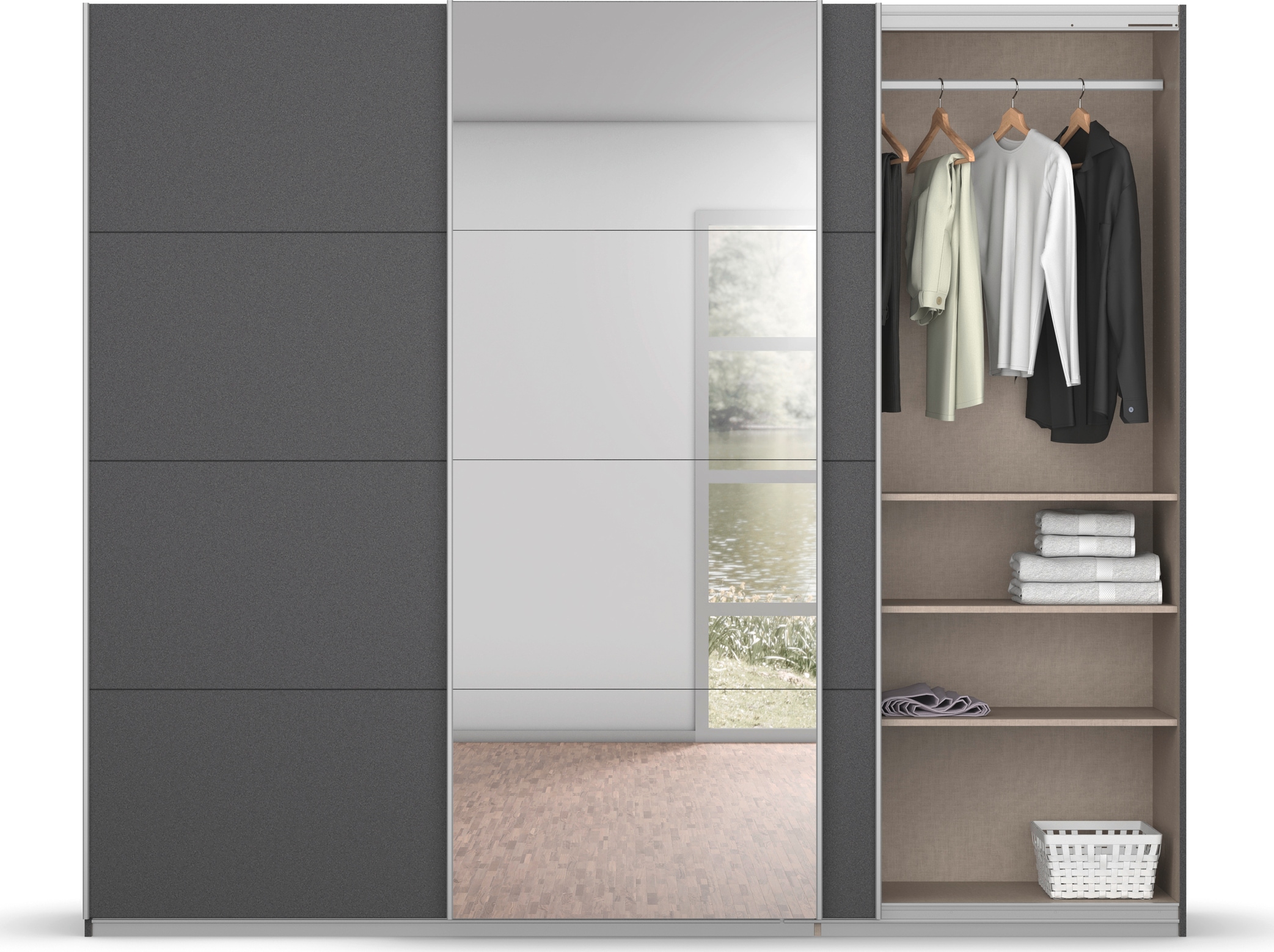 rauch Schwebetürenschrank »Kleiderschrank Schrank Garderobe KOLUNA mit Glastüren und Spiegel«, inkl. 2 Innenschubladen sowie extra Einlegeböden MADE IN GERMANY