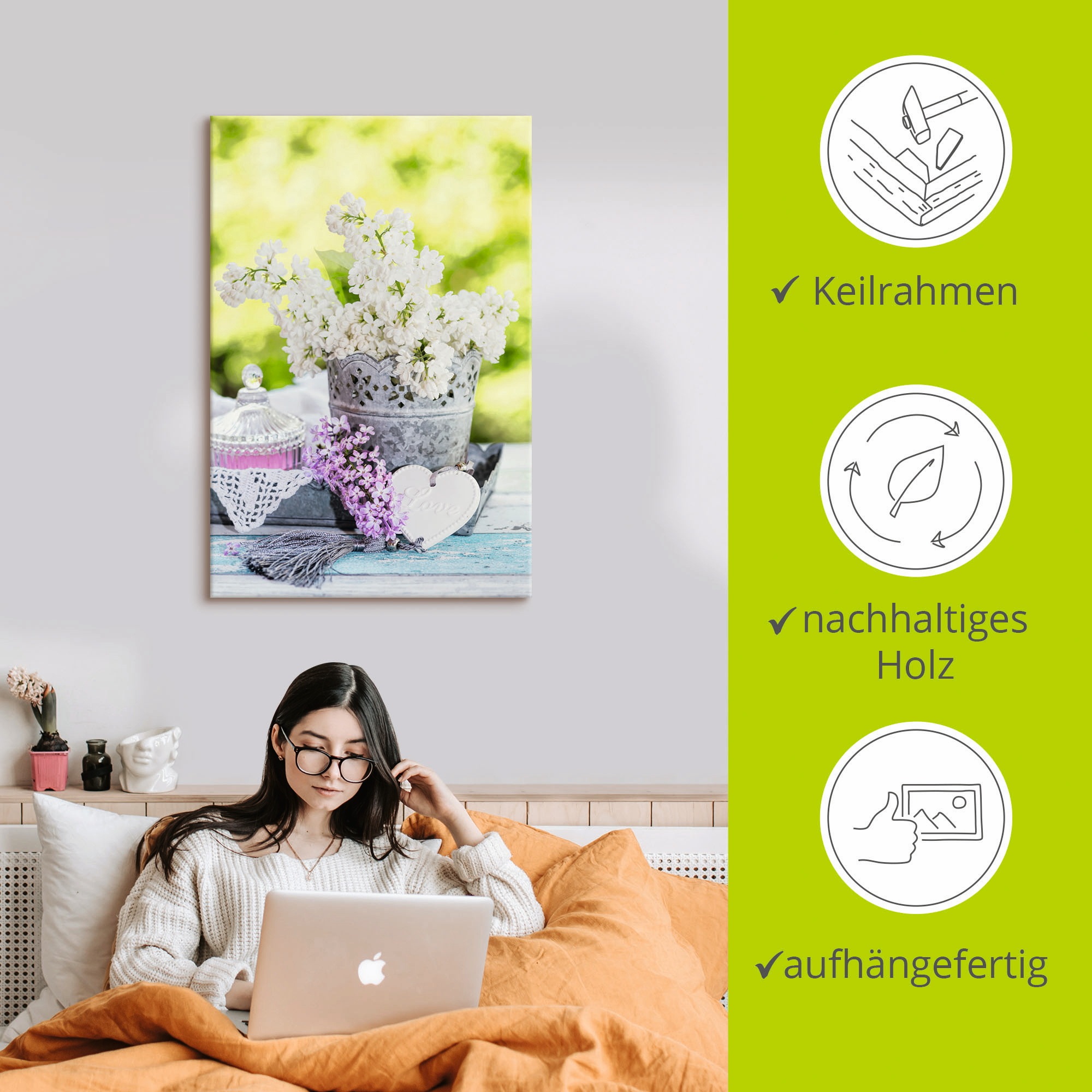 Artland Wandbild »Flieder und Shabby Chic Stillleben I«, Blumen, (1 St.), als Leinwandbild, Poster, Wandaufkleber in verschied. Größen