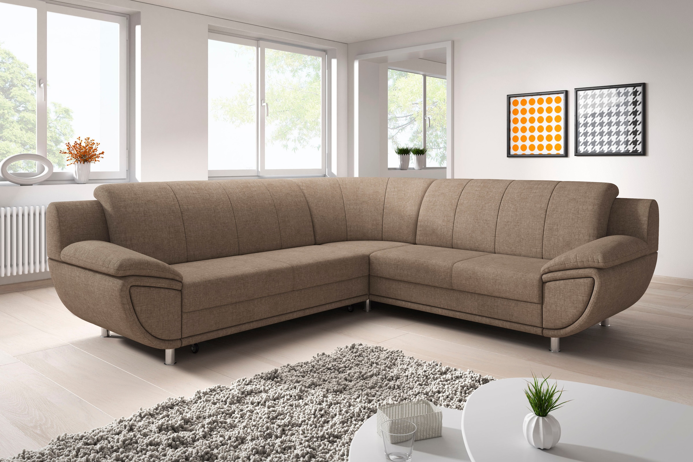 TRENDMANUFAKTUR Ecksofa "Rondo II, zeitlos & elegant, bequeme Armlehnen, L-Form" wahlweise mit Federkern, wahlweise mit Bettfunktion, B/T 267/247cm