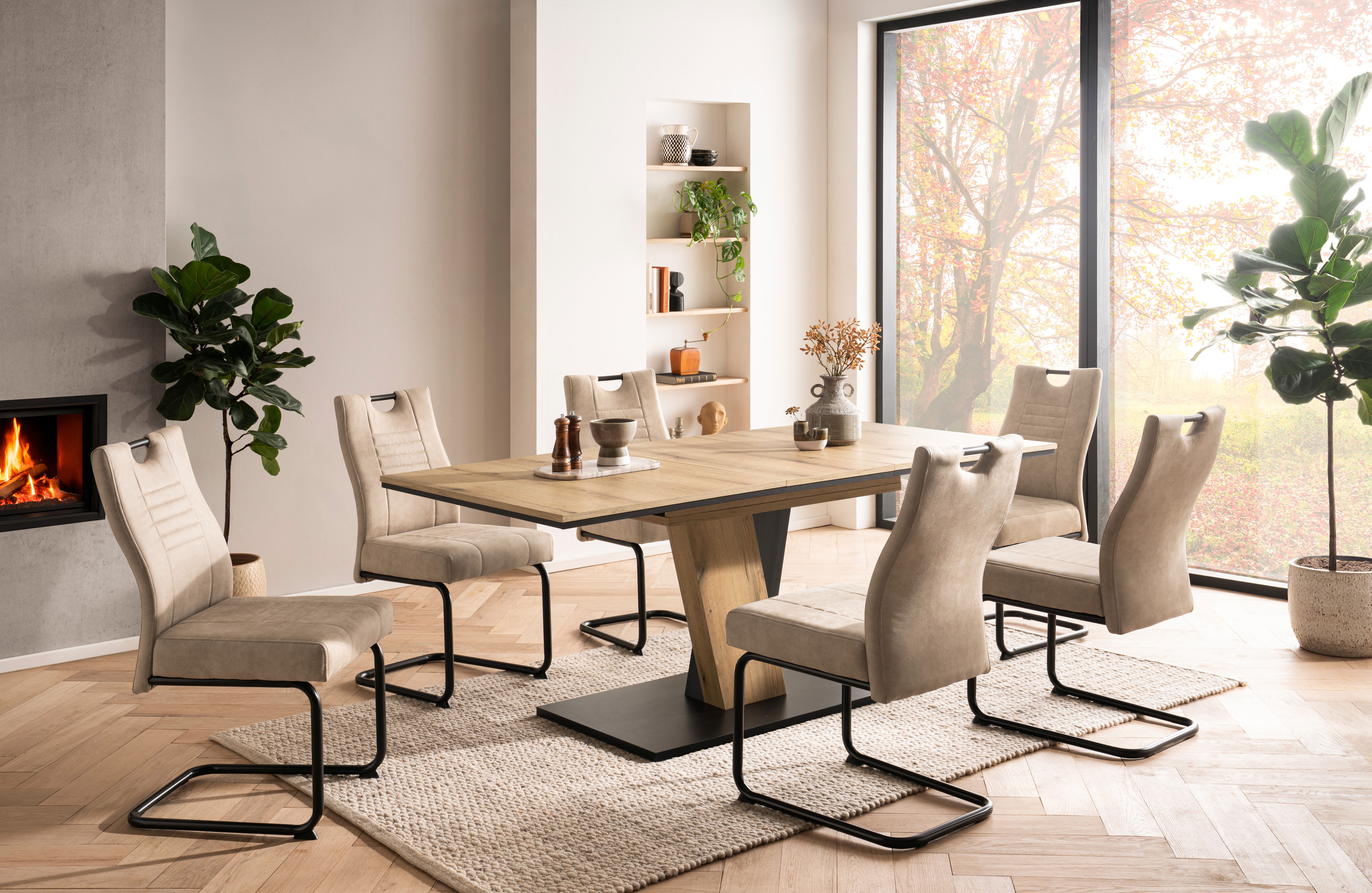 OTTO home Essgruppe ""Altona", Esstisch ausziehbar plus 6 Stühle" Esstisch ausziehbar 140 - 180 cm, 6 Freischwinger, 7 tlg. tlg. Säulentisch 140-180x90 cm, Stuhl mit Federkorb, 140 kg belastbar