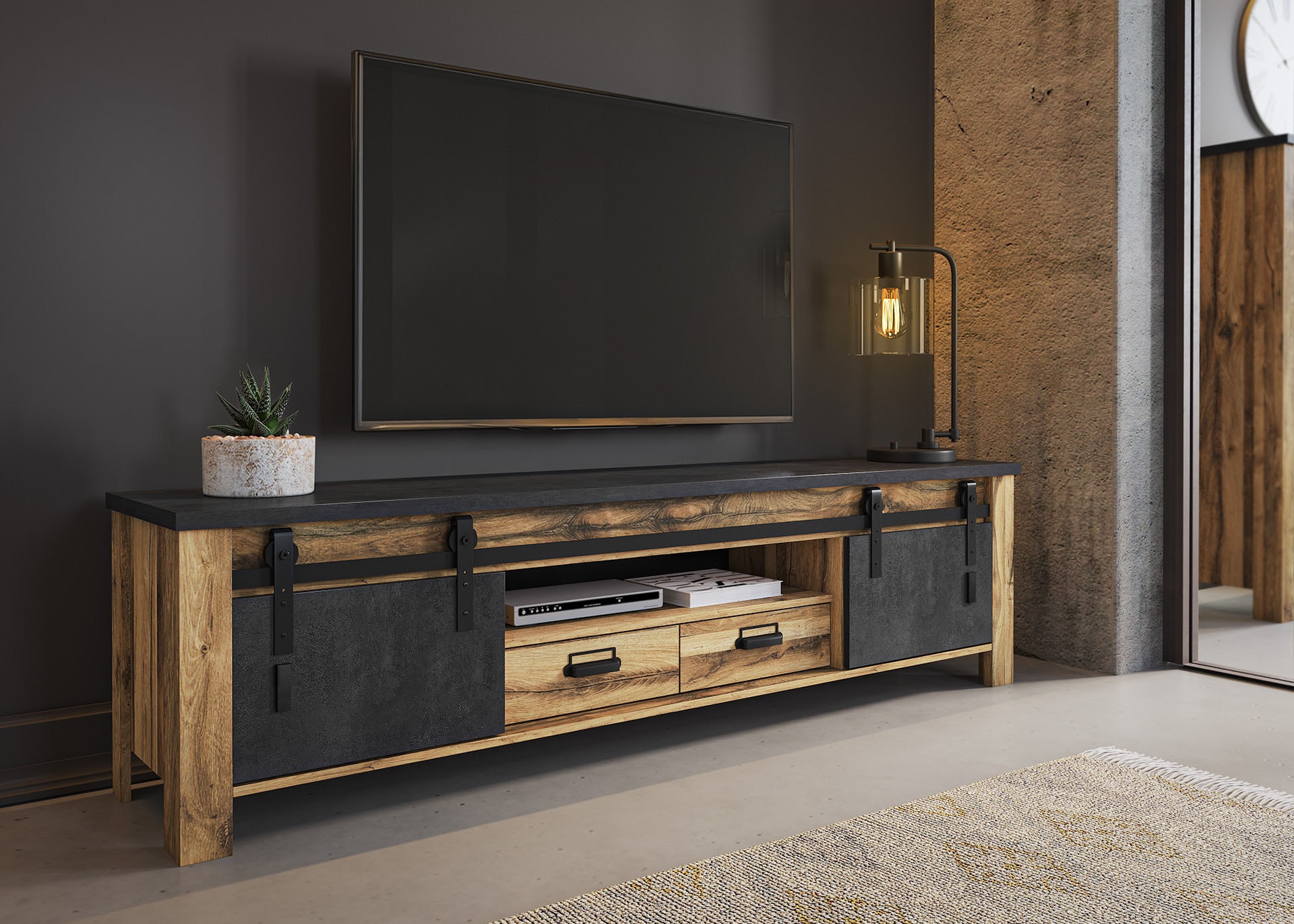 Home affaire Wohnwand »York, moderne Anbauwand, Wohnzimmer-Set in Hunton Oak, 201 cm breit«, (Komplett-Set, 3 St.), enthält Vitrine, Lowboard +Wandboard, Metallgriff, Scheunentorbeschlag