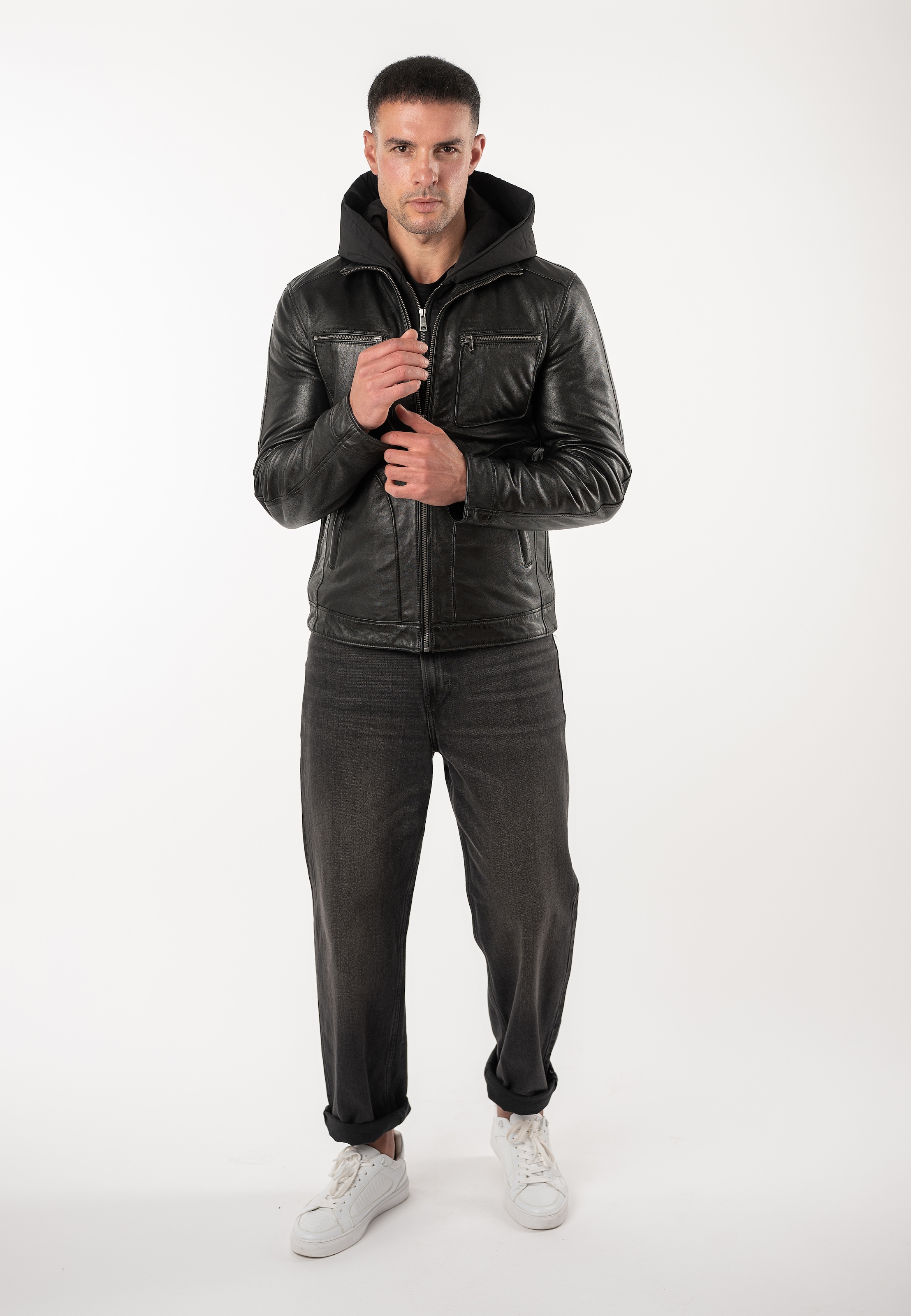 Mauritius Lederjacke »MMHocki« im Biker-Stil mit Kapuze aus Nylon