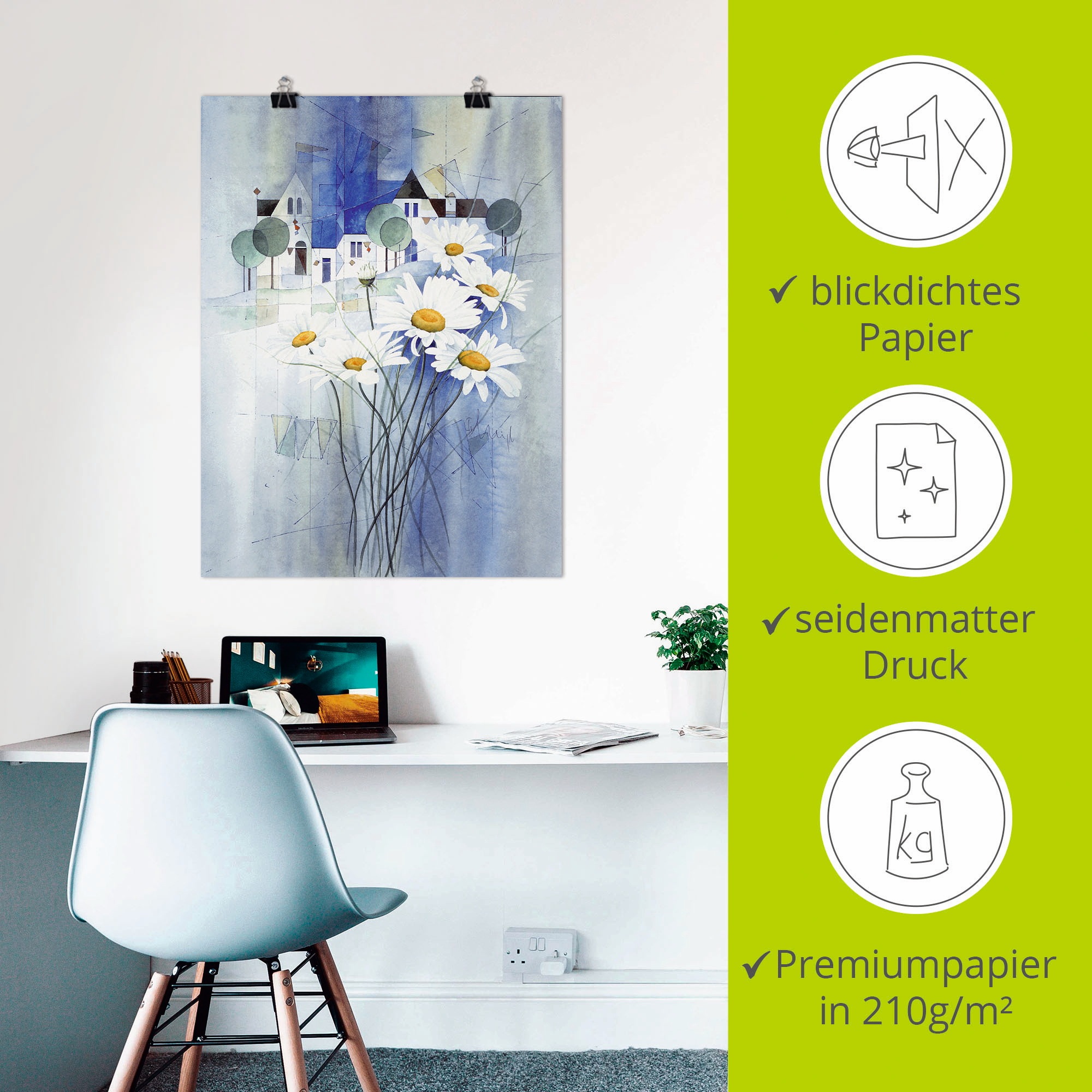 Artland Poster »Ansicht mit Margeriten«, Blumen, (1 St.), als Leinwandbild, Wandaufkleber oder Poster in versch. Größen