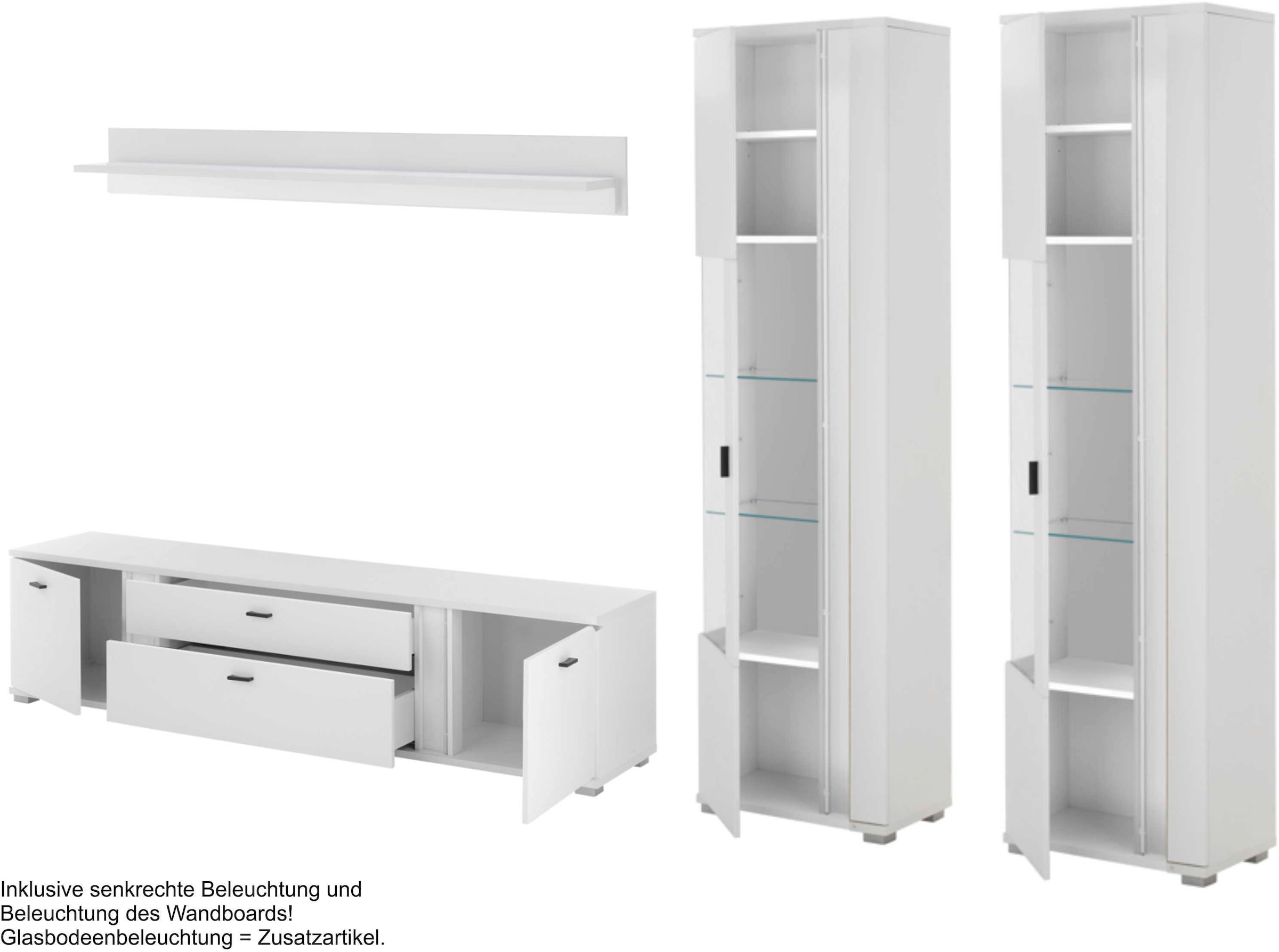 INOSIGN Wohnwand »LONG ISLAND«, (Set, 4 St.), in moderner Trendfarbe,inklusive senkrechter Beleuchtung,Breite 330 cm