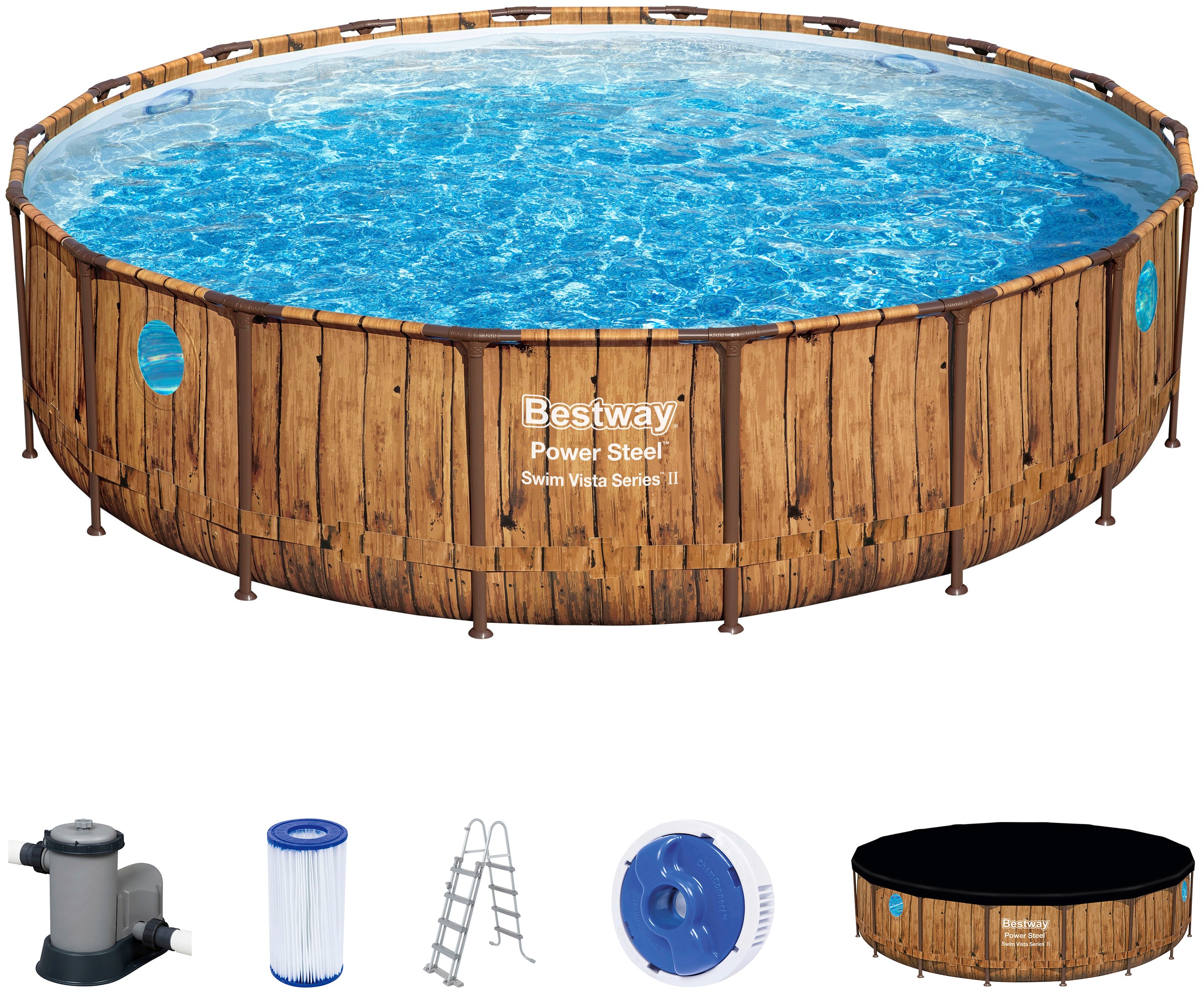 Bestway Framepool "Power Steel™", (Komplett-Set), Frame Pool mit Filterpumpe Ø 549x122 cm, Holz-Optik (Pinie)